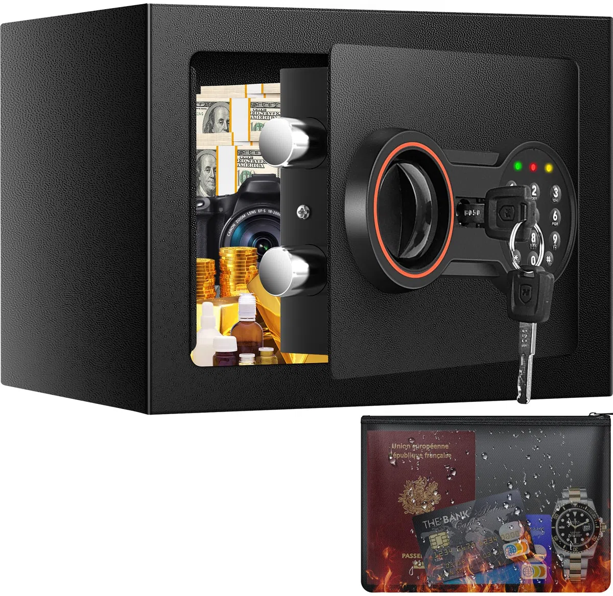 Mini Safe Tresor mit Zahlenschloss Schlüssel, MöBeltresor Klein mit Feuerfeste Tasche, Kleiner Tresor für Zuhause Sicherheitssafe,Tresore Kinder für Geld Medikamente Wertsachen Bargeld