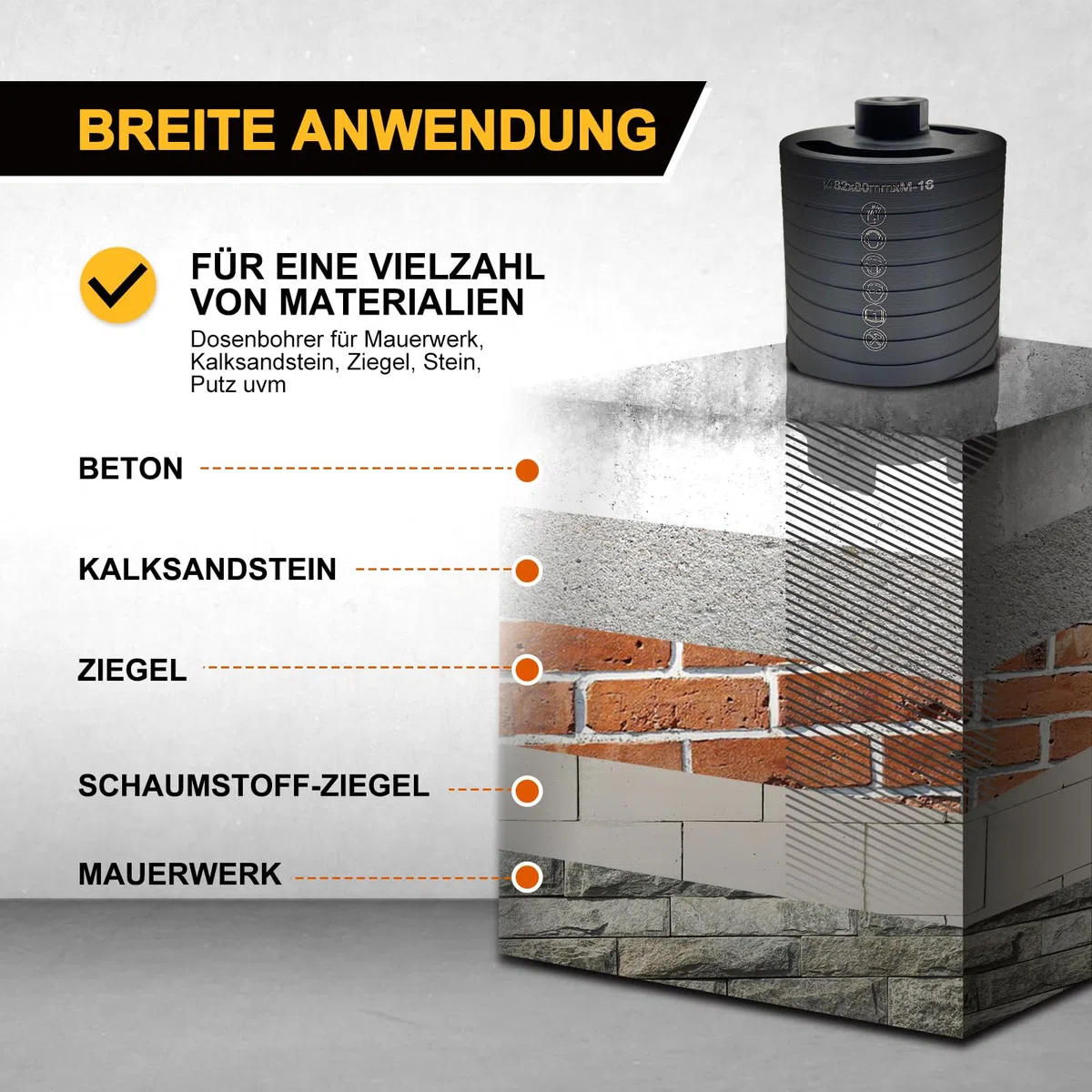 Diamantbohrkrone,Dosensenker Kernbohrkrone,SET 82mm Segmenthöhe 10mm, mit Zentrierbohrer 10x120 mm, von Elektro-Unterputzdosen in Beton, Mauerwerk und Stein