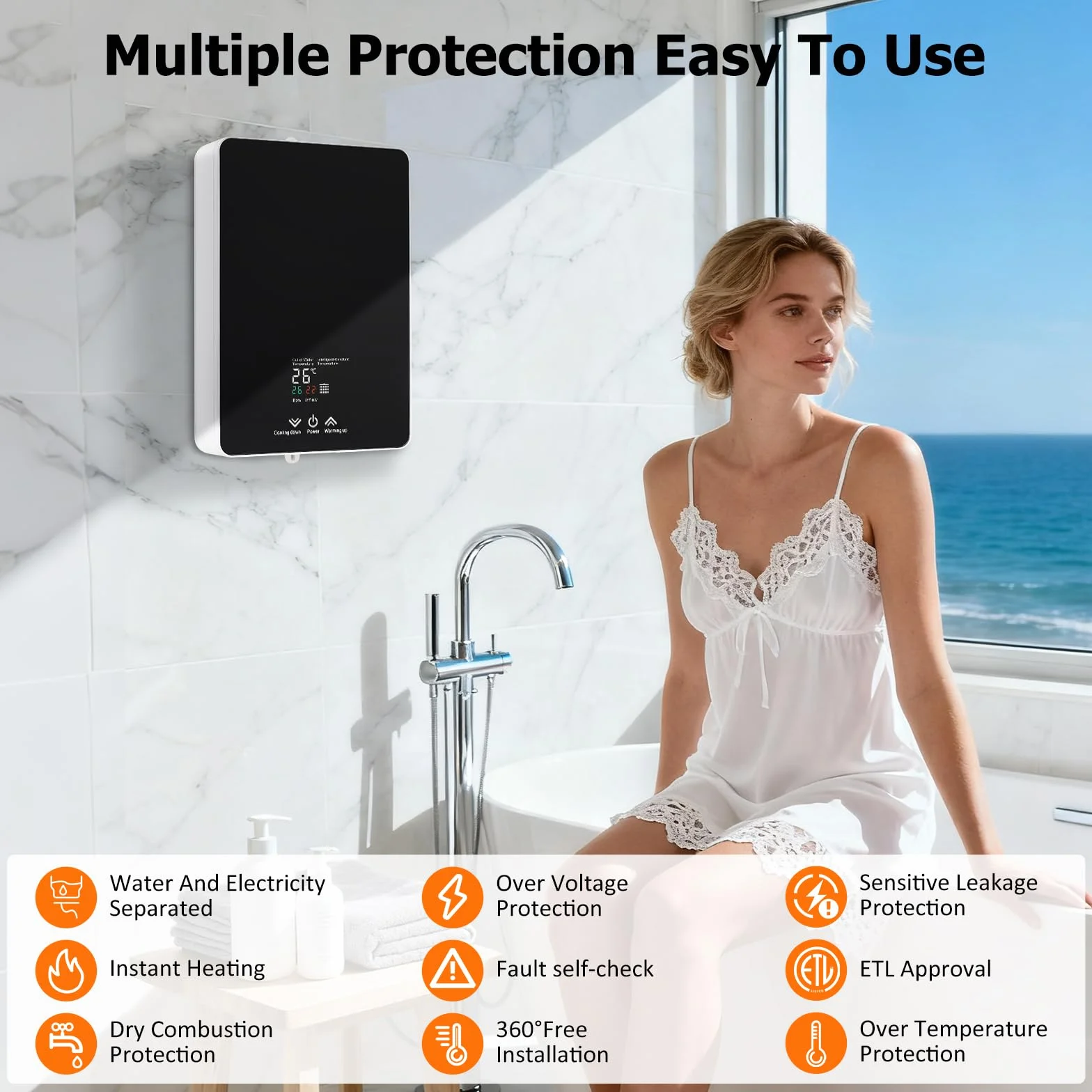 Durchlauferhitzer, 5500W 220V Elektrische tankloser Warmwasserbereiter mit LED, Elektronisch Geregelter Warmwasserbereiter Durchlauferhitzer für Dusche, Badezimmer, Küche [Energieklasse A] (Schwarz)