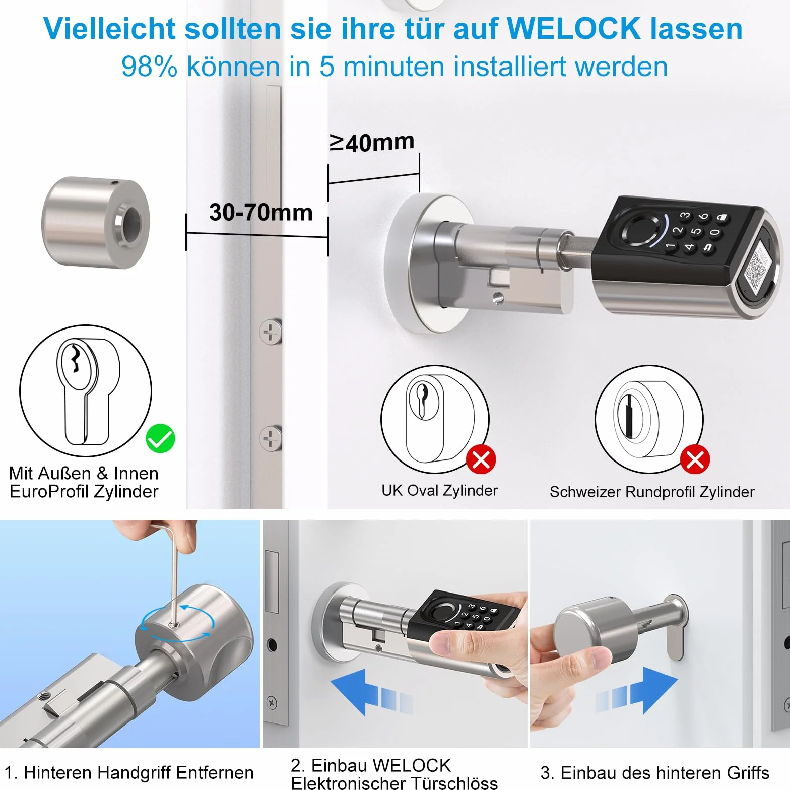 WELOCK ToucA51 Türschloss Fingerabdruck, Passcode Fingerabdruck Schloss Haustür, mit RFID-Karte App, Elektronische Zahlencode Türschloss Verstellbarer Schließzylinder für 30-70mm Tür