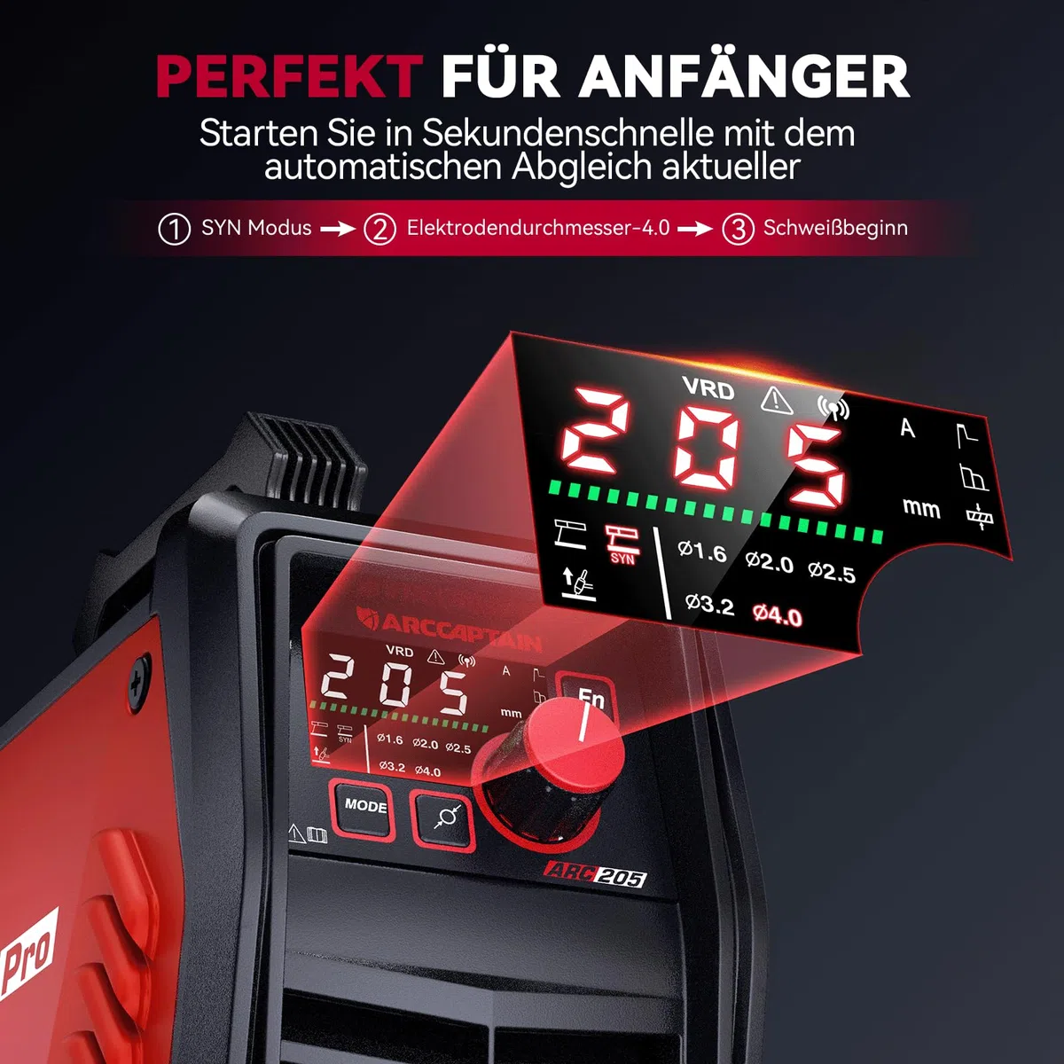 ARCCAPTAIN iControl ARC205 Pro Schweißgerät [App-Steuerung] 205 Amp ARC/Lift TIG Schweißgerät, LED-Anzeige, IGBT Inverter 230V MMA Schweißgerät mit Warmstart, Lichtbogenkraft und Anti-Stick