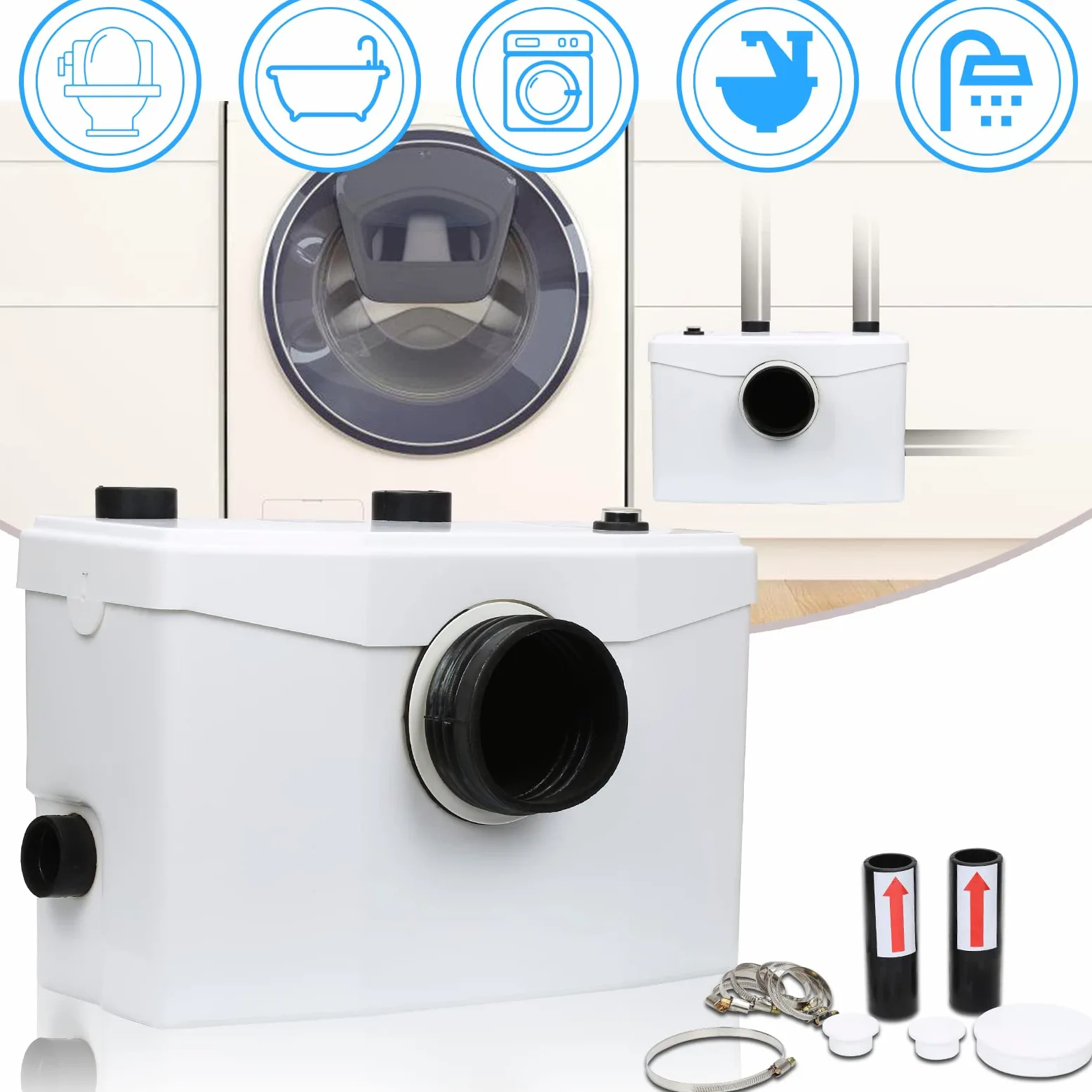 Fiqops Hebeanlage Waschmaschine, 700W 190 L/min Schmutzwasserpumpen, Fäkalienpumpe mit 4 Einlässe, Haushaltspumpe für Dusche Badewannen Waschbecken Waschmaschine Spülmaschinen