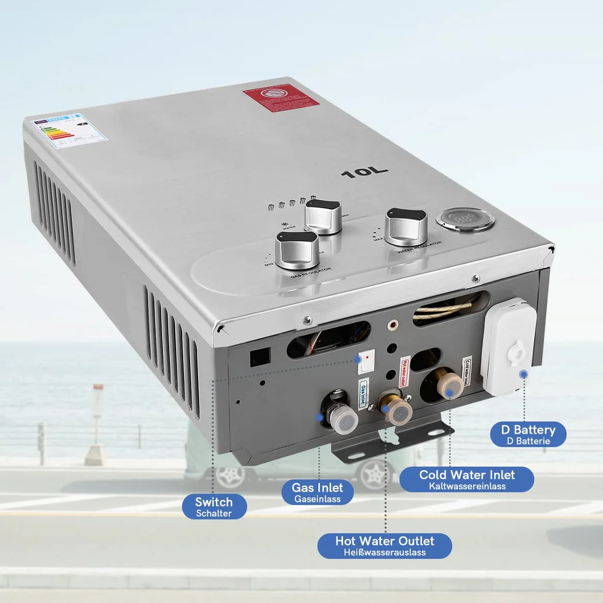 Fulgutonit 10L Gasdurchlauferhitzer mit Druckdusche,LPG Propan Butan Gas Durchlauferhitzer Passend für Zuhause,Wohnmobil und im Freien