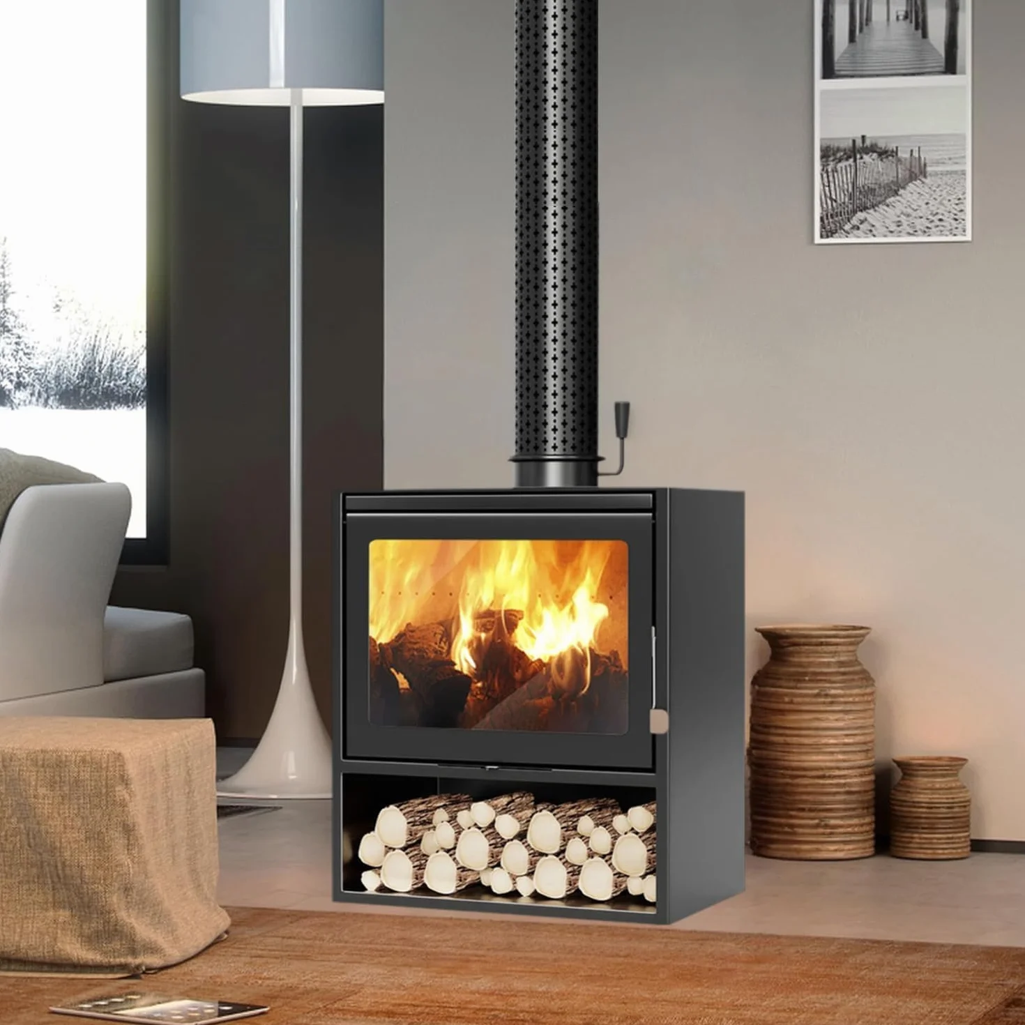 Echter Kaminofen mit Holzaufbewahrung, Vintage, freistehend, für den Innenbereich, Retro-Heizung, Glas, Ansicht, Holzofen, Flamme, Kamin, Schwarz, 50 cm