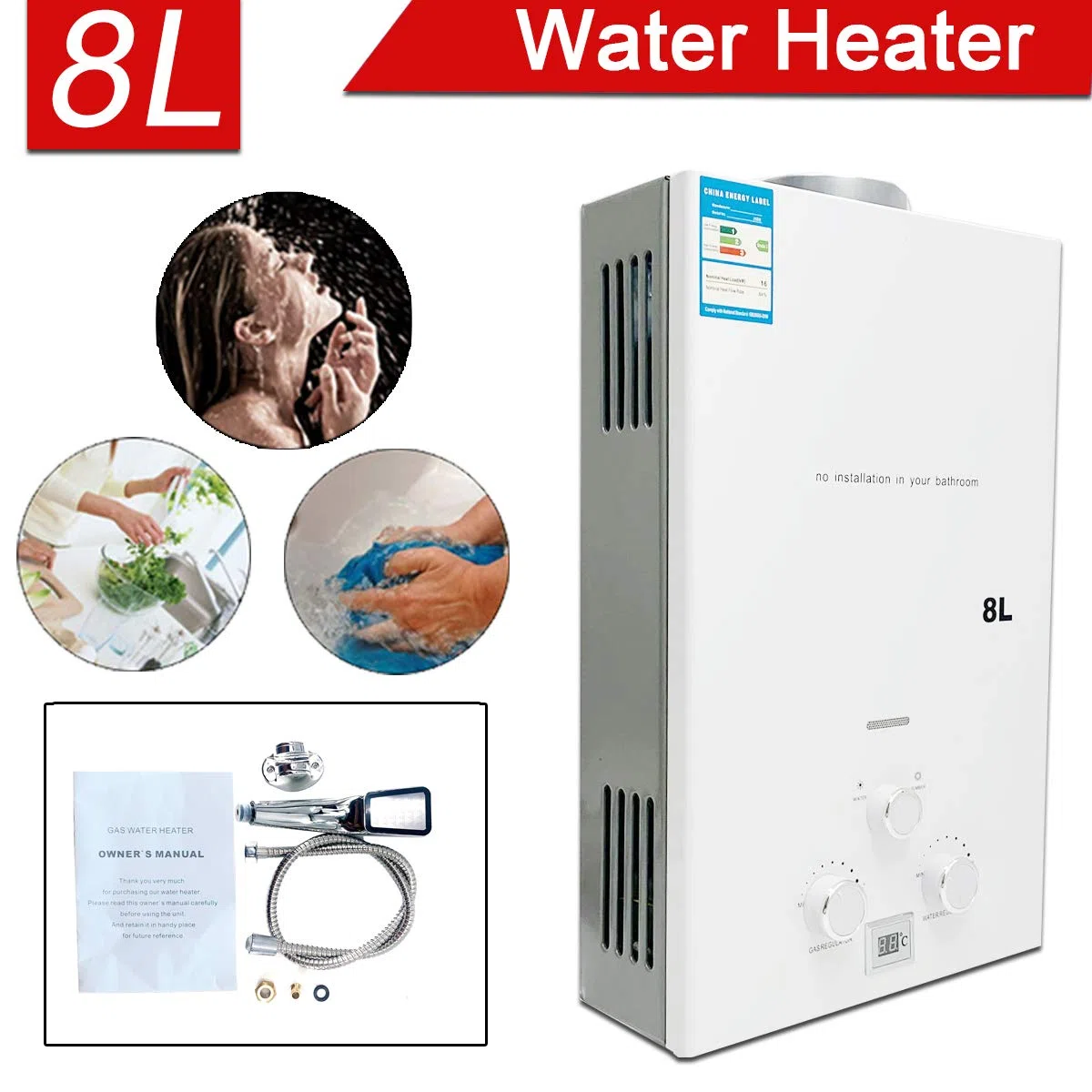 8L 16KW Tragbarer Gas Durchlauferhitzer Propangas Campingdusche für Dusche im Außenbereich Dusche Bad Warmwasser Camping Dusche LPG Warmwasserbereiter Warmwasser Tankless Instant, Weiß