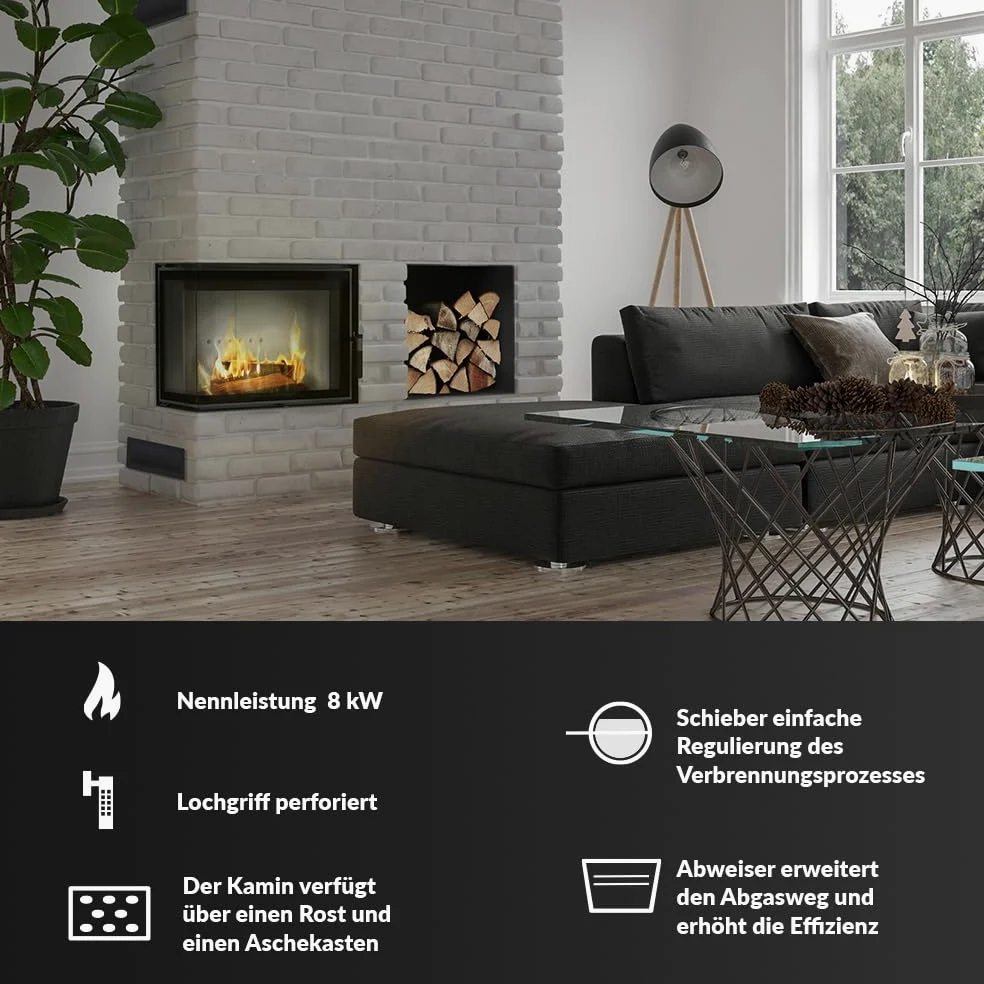 KRATKI Kamineinsatz Simple – 8 kW Holzofen-Einsatz mit seitlicher Verglasung – Türanschlag Links oder rechts – Energieeffizienzklasse A – 70,1 x 60 x 36 cm