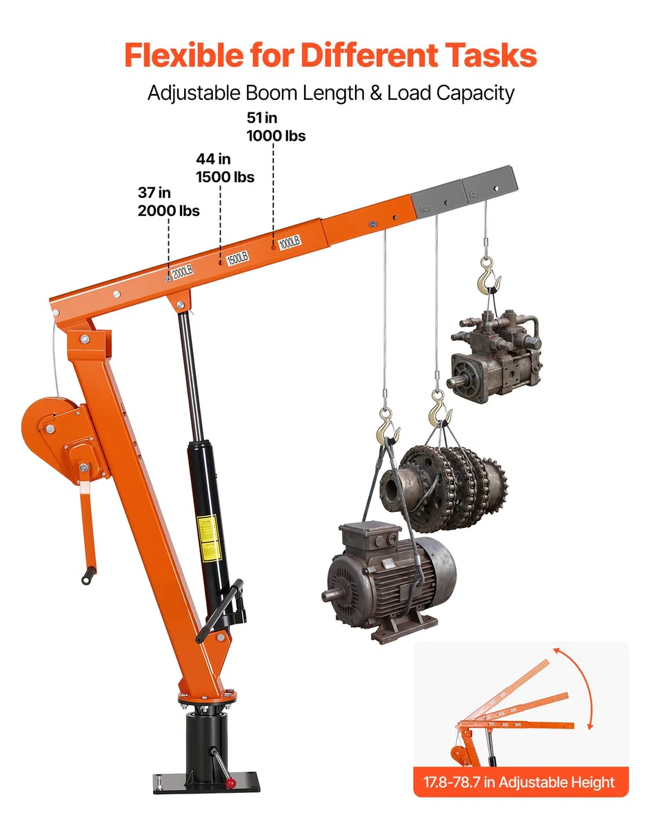 VEVOR Pickup Kran mit 907,2kg Tragkraft, Manueller Ladekran Inkl. Handwinde & 12t Hydraulikpumpe, Hebekran mit Teleskopausleger & 360° Drehkranz, Hebezeug aus Kohlenstoffstahl für Pick-up LKW Anhänger