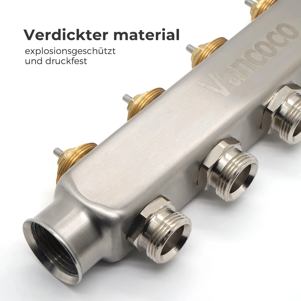 VANCOCO Heizkreisverteiler Edelstahl für 7 Heizkreise mit Eurokonus 16 × 2 mm, Fußbodenheizung Verteiler, Schnellentlüfter Set, 1" Kugelhähne, Durchflussmesser