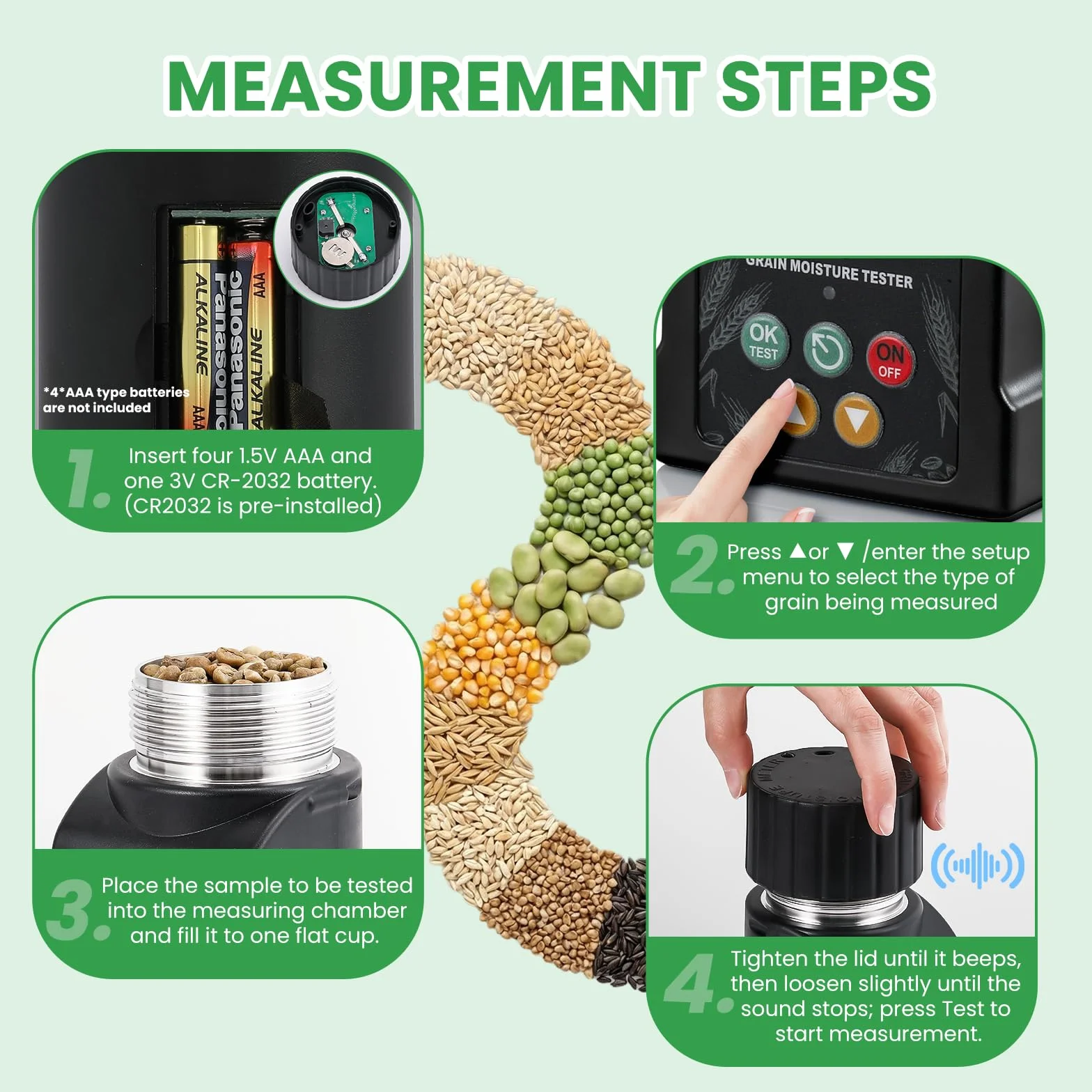Huanyu Getreide Feuchtigkeitsmessgerät Grain Moisture Meter für 40 Sorten, ±0.5% Genauigkeit, Feuchtigkeitsmesser mit 14 Sprachen inkl. Deutsch, Temperaturkompensation, für Weizen, Rohkaffee und mehr
