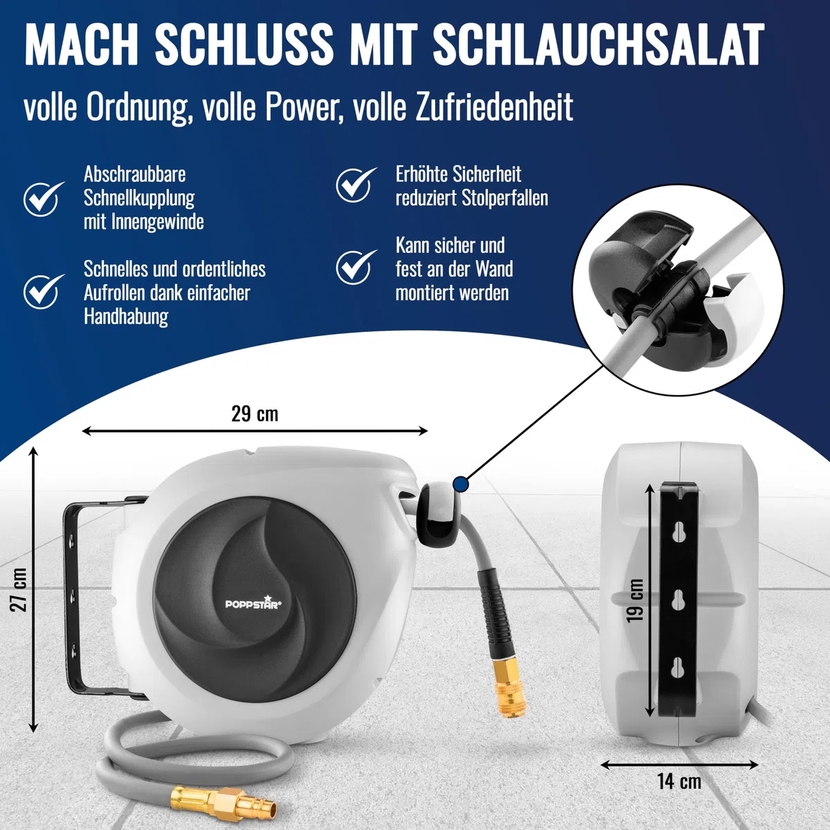 Poppstar Druckluftschlauchtrommel (10m+1m, Durchmesser 5/16" (8x12mm)) Schnellkupplung 1/4" BSPT, Schlauchtrommel mit Hybrid PVC Schlauch