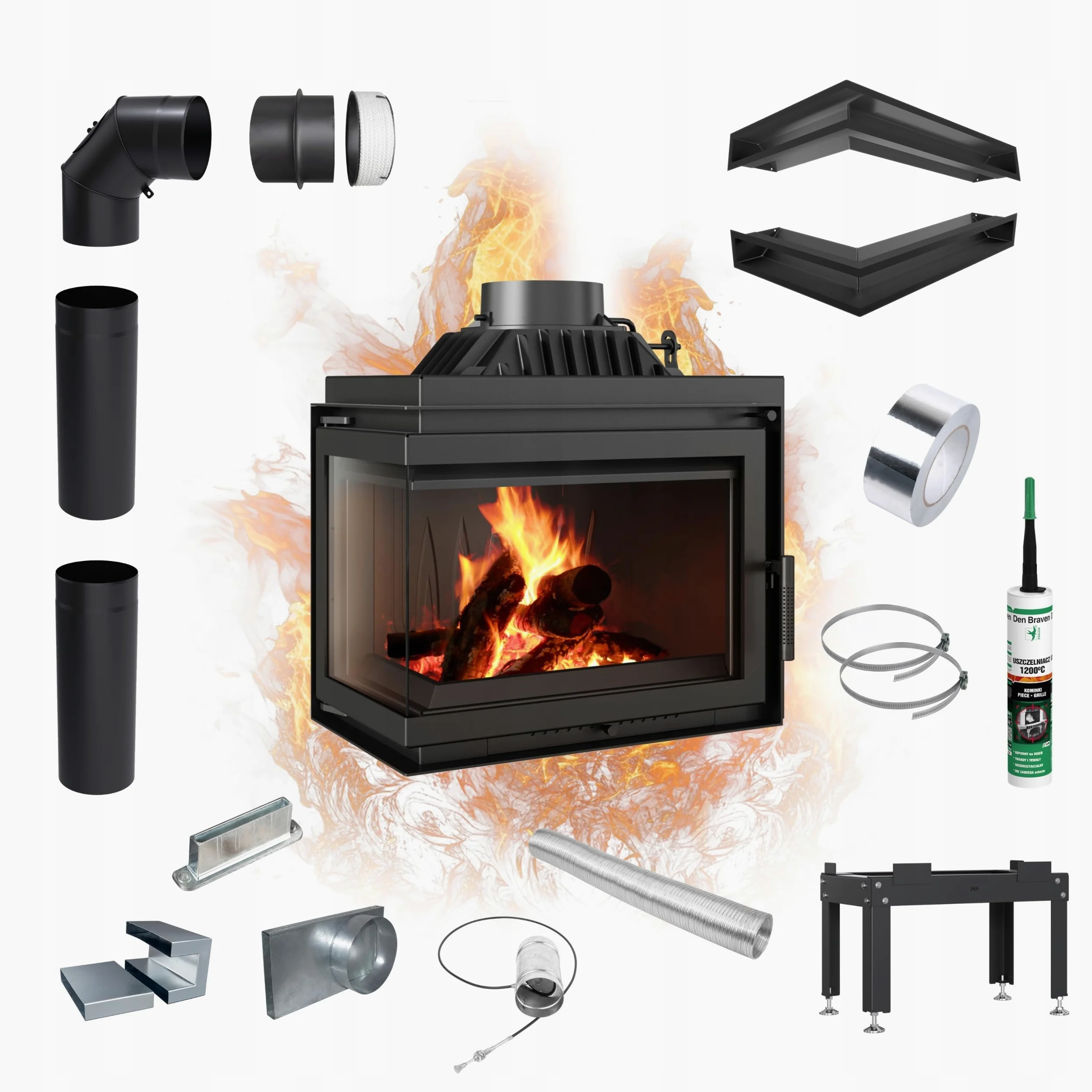 KRATKI Kamineinsatz Holzofen Gusseisen Simple Links 8kW BImSchV 2 Einbausatz EEK A