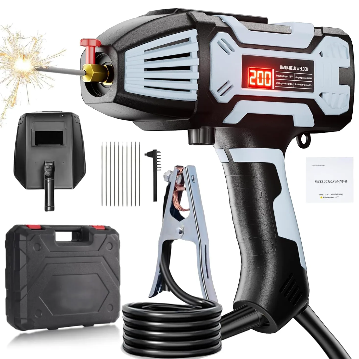 VOBOR Elektroden Schweißgerät, 200A Tragbares Handschweißgerät ARC mit IGBT Inverter, 220V Lichtbogenschweißgeräte für 1,6-3,2 mm Drahtstangen, Mini Schweissgerät