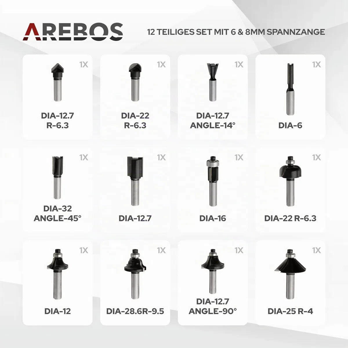 Arebos Oberfräse mit Koffer (1200 W, Ø 6 und 8 mm, Drehzahlregelung, Parallelanschlag, Reduzierstück, Kopierhülse, Absaugadapter, inkl. Zubehör) inkl. Fräser Set 12-teilig