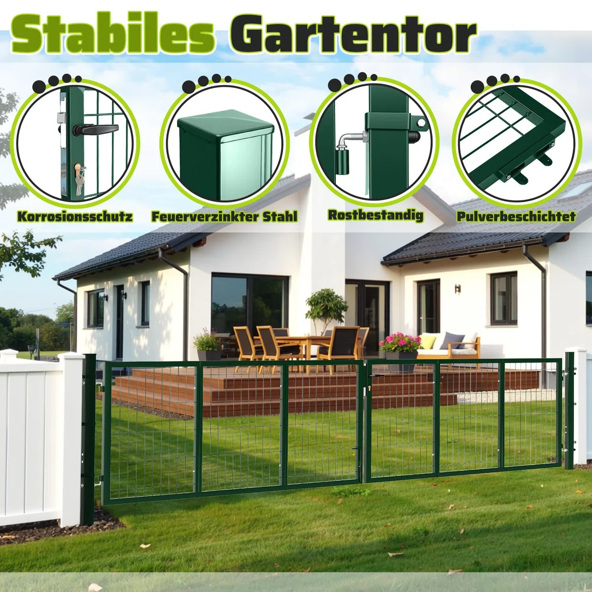 Gartentor metall, Doppelflügelig Gartentür, 350x100 cm, Vierkantrohr, für Landhaus/Pferdeweiden, für Doppelstabmattenzaun (Grün)
