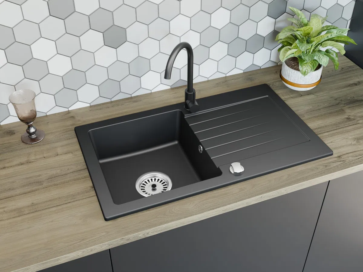 Faizee Granitspüle 75 x 44 cm Nachtschwarz – inklusive Armatur Genial in Schwarz – eckige Einbauspüle aus Granit – beidseitig montierbar, kratzfest, hitzebeständig – modernes Spülbecken