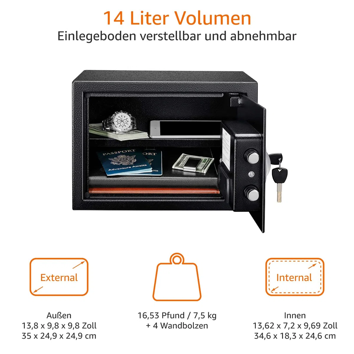 Amazon Basics Tresor aus Stahl, Sicherheit für Zuhause, mit digitaler Tastatursperre – für Bargeld, Schmuck, Ausweise, Dokumente, 14 l, 35cm x 25cm x 25cm (B x T x H), Schwarz