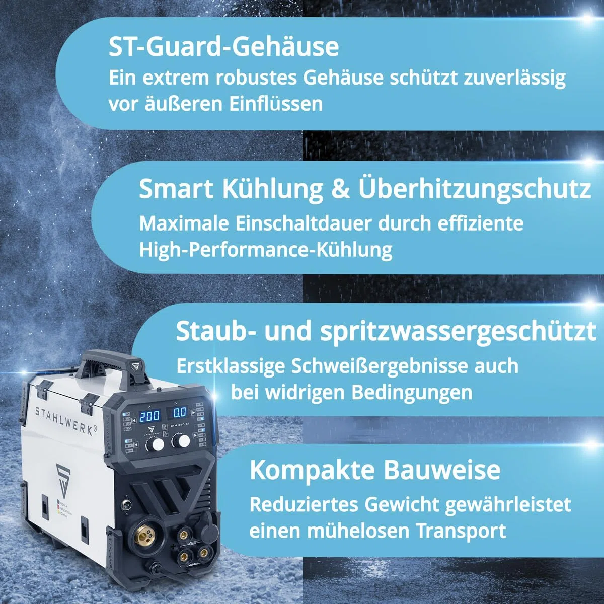 STAHLWERK Schutzgasschweißgerät 4-in-1 Kombi CTM-250 ST – WIG, MIG/MAG, MMA (E-Hand/ARC), FLUX (Fülldraht) bis 200 A, CUT (Plasma) bis 45 A, Schneidleistung bis 14 mm, Parameter einstellbar, IGBT