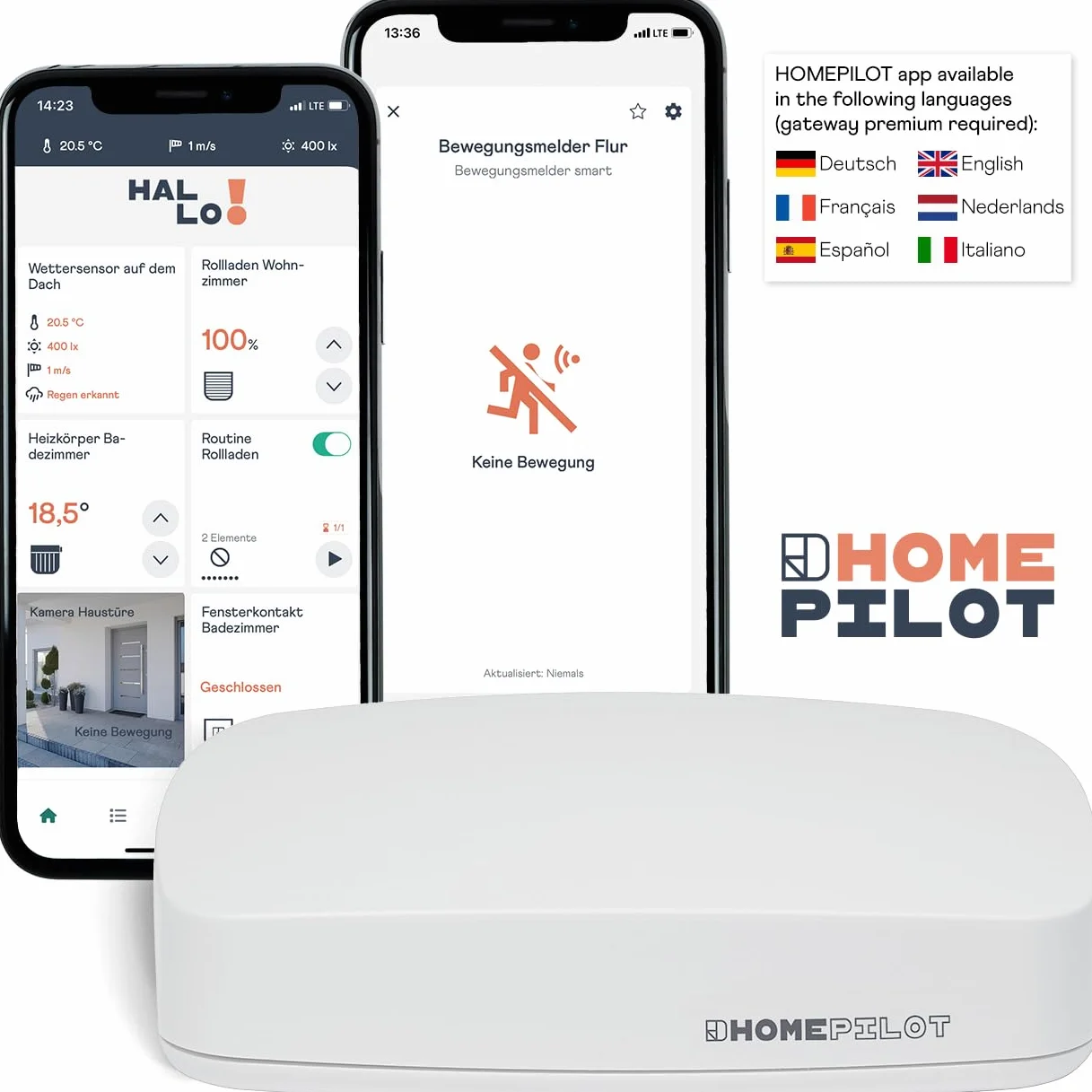HOMEPILOT Bewegungsmelder smart, inkl. Timer z.B. für Treppenhaus, Empfindlichkeit Bewegungssensor & Helligkeitssensor einstellbar, Lichtsteuerung 230V (Smart Home App via Gateway Premium)