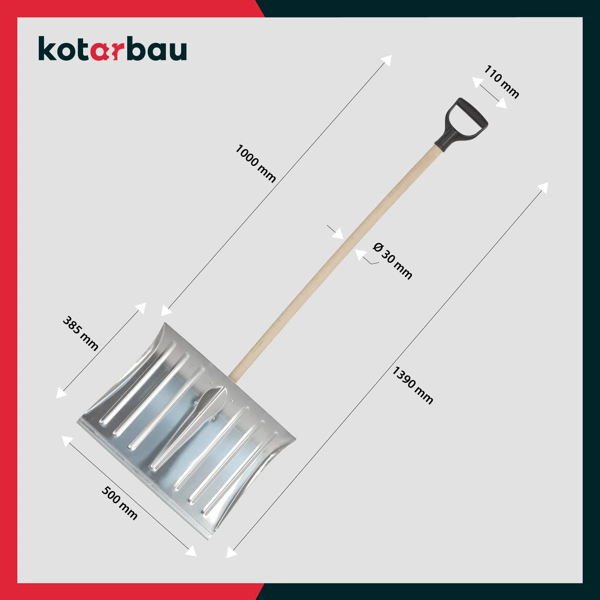 KOTARBAU® Schneeschaufel Schneeschieber 50cm mit Holzstiel Verstärkt Aluminium Schild mit Ergonomischem Griff 139 cm