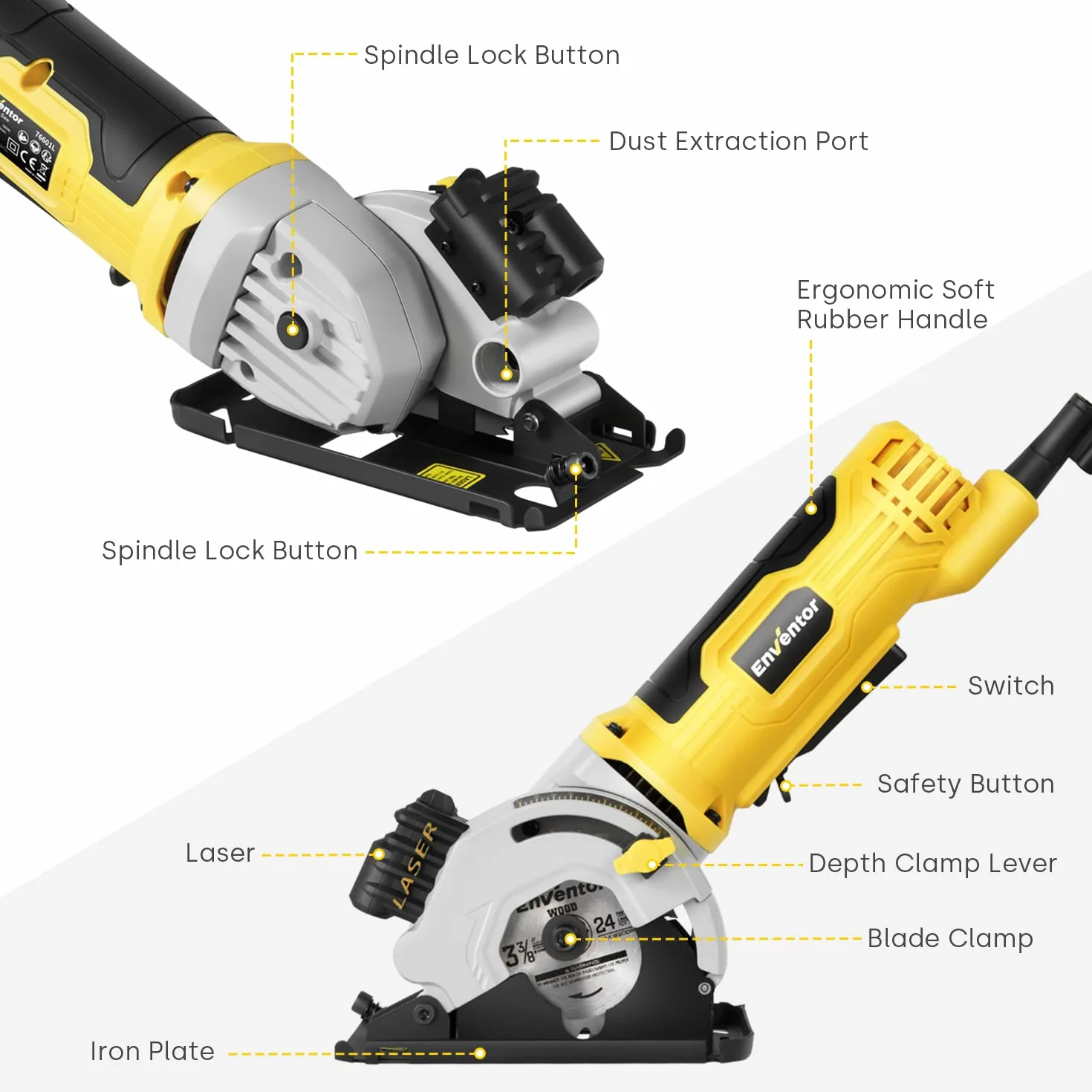 Enventor Mini Kreissäge 580W, Mini Handkreissäge mit Skalenlineal & Laserführung, 4000RPM, Einhändiges Halten, 3 Sägeblätter, für Holz, Fliesen, Kunststoff und dünne Metalle