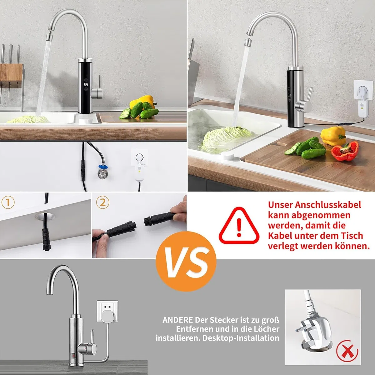 HOMELODY Elektrischer Wasserhahn mit Durchlauferhitzer 230V, Wasserhahn Küche mit Touch-Temperaturregler & LED-Display, Anti-Spritz Edelstahl Küchenarmatur, Durchlauferhitzer Küche, Garten & Camping