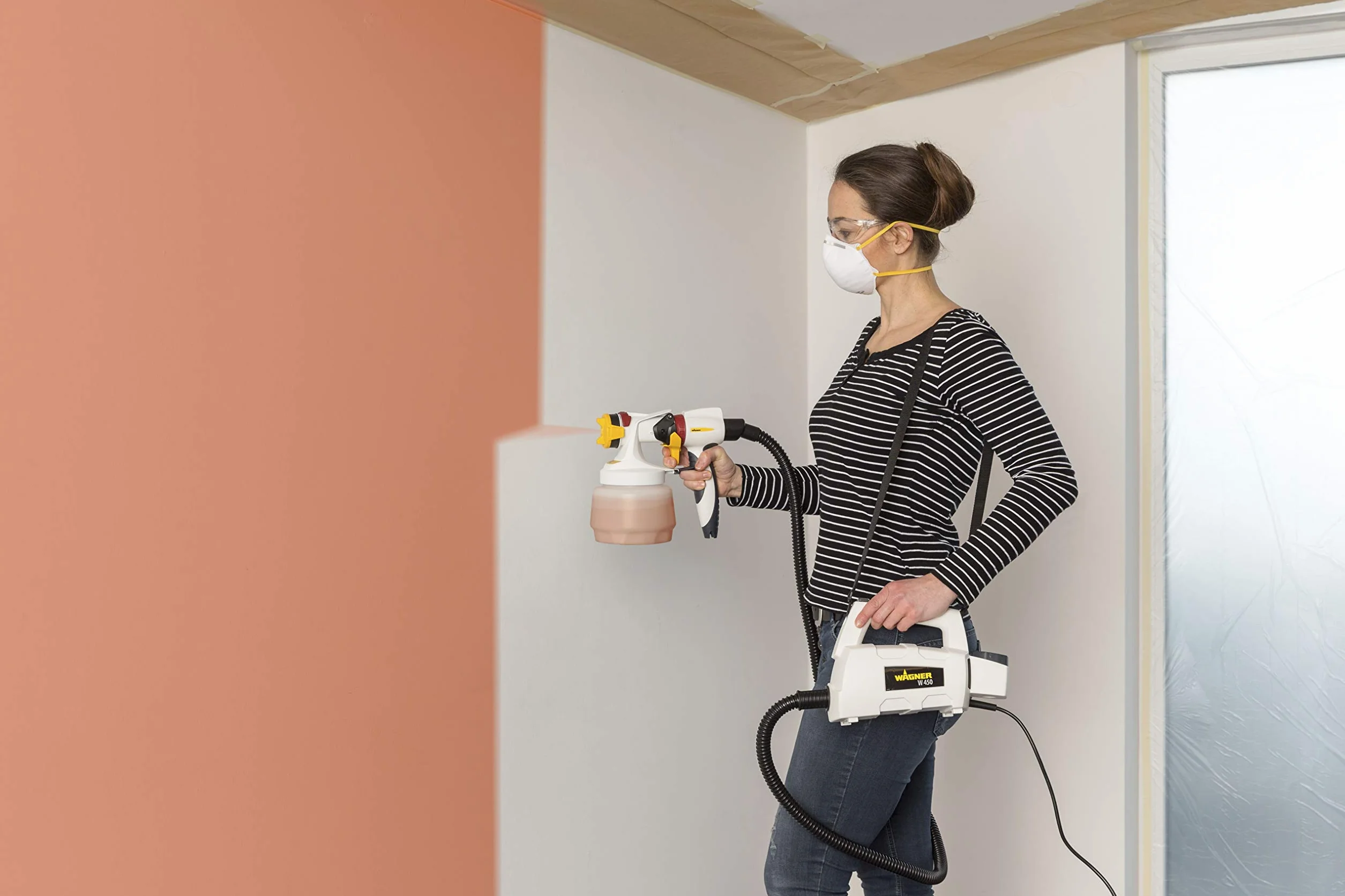 WAGNER Farbsprühsystem W 450 für Wand- und Latexfarben im Innenbereich, 15 m²-10 min, Behälter 1300 ml, 460 W, Schlauch 1,8 m