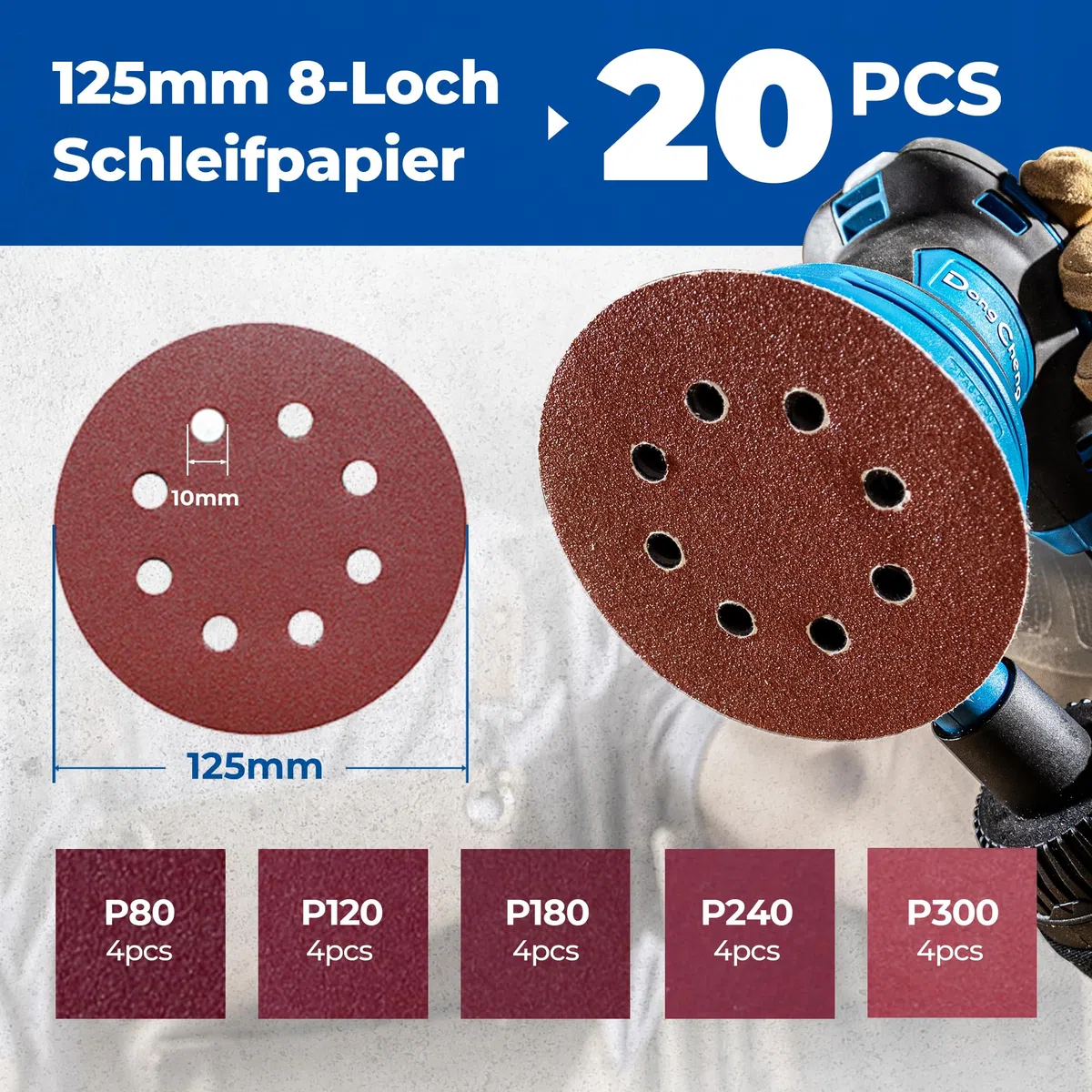DongCheng Exzenterschleifer 380W, 125mm Schleifmaschine, 6-stufig 8.000-12.800 U/min, vibrationsarm, mit Staubfangbehälter & Staubsaugeranschluss, inkl. 20 Schleifblättern (versch. Körnungen) für Holz