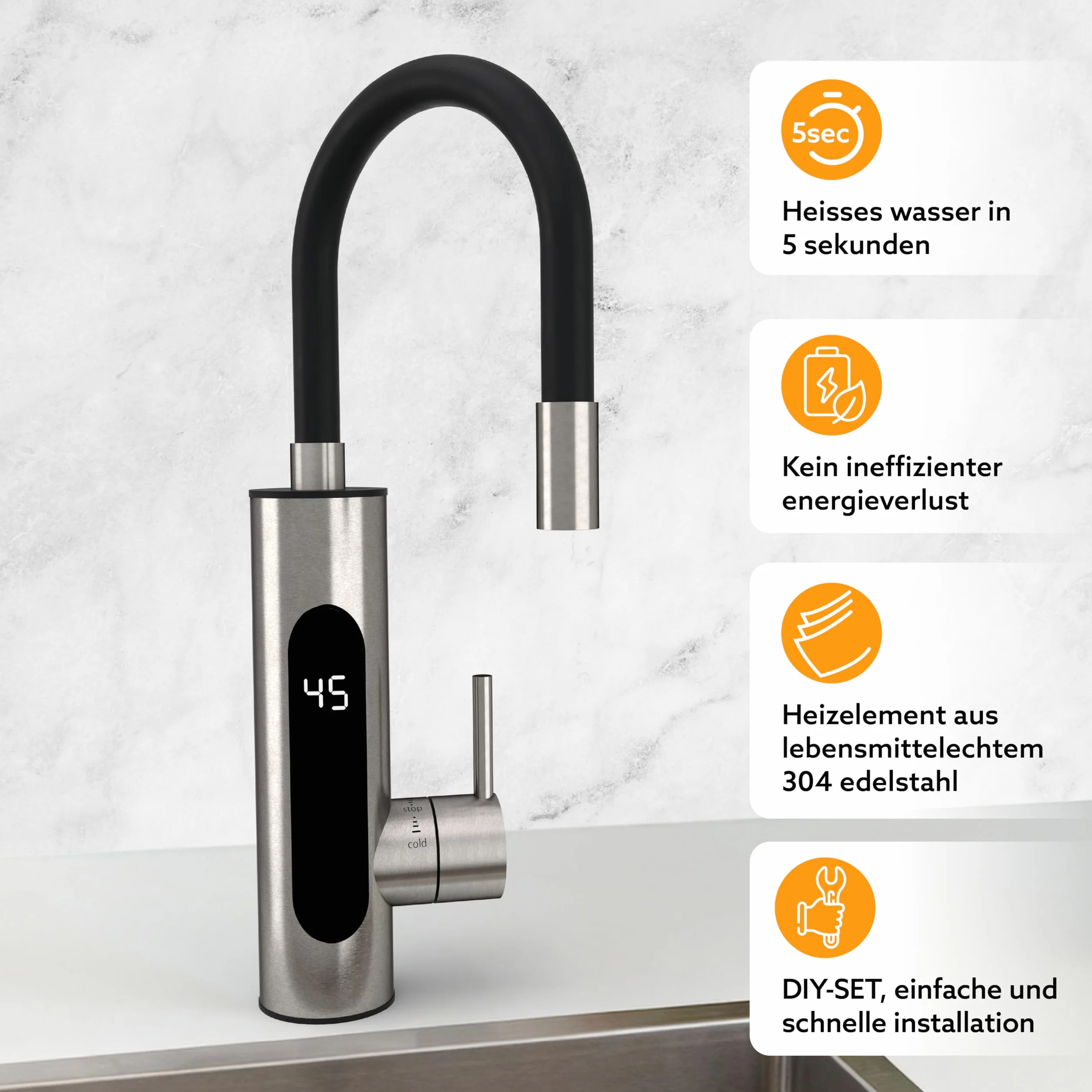 HOGART Elektrische Wasserhahn mit Durchlauferhitzer 230v für Küche, Garten, Bad, Wohnwagen, Camping, 2 Aufsätze, Smart Heater, Armatur mit Sofortiger Warmwasserbereiter, Warmwasserhahn, Wasserboiler