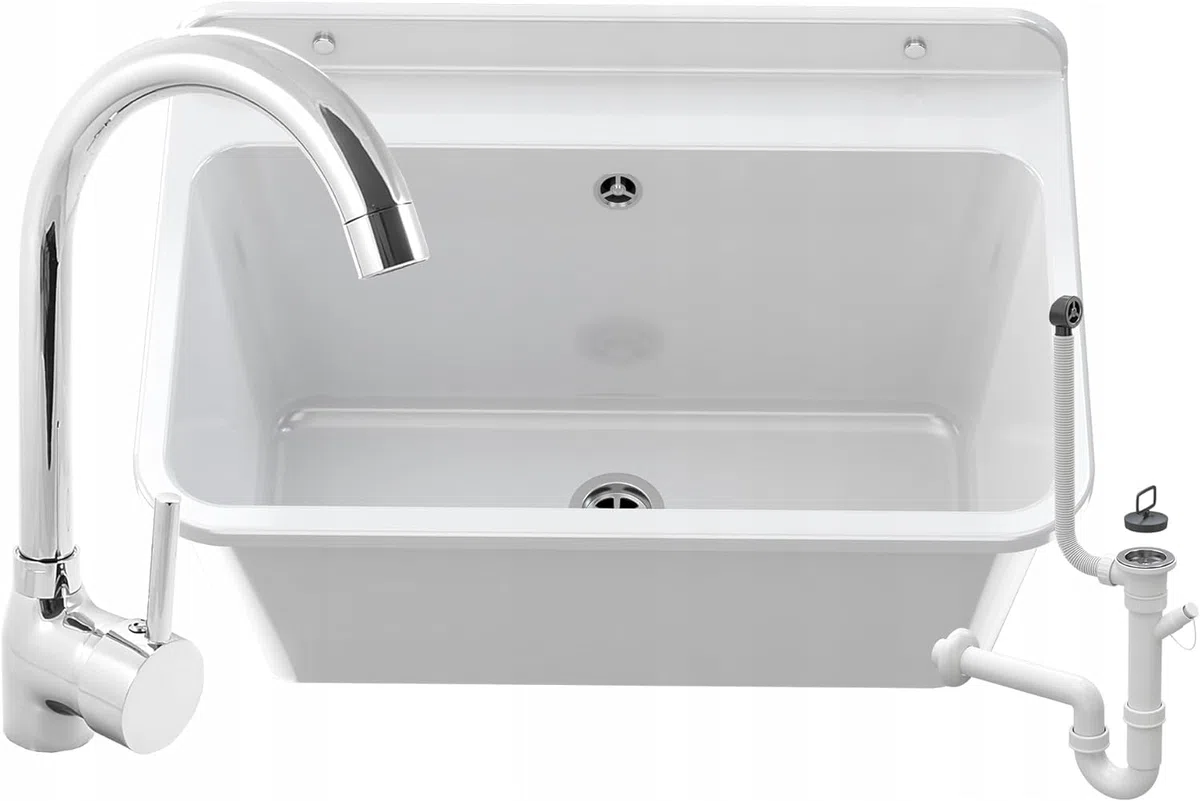 Granitan Ausgussbecken für Garage Keller Werkstatt - Universal Waschtrog mit Siphon - Waschbecken Wandmontage aus Polypropylen - 61x41x30 cm (Weiß + BETA Waschtischbatterie)
