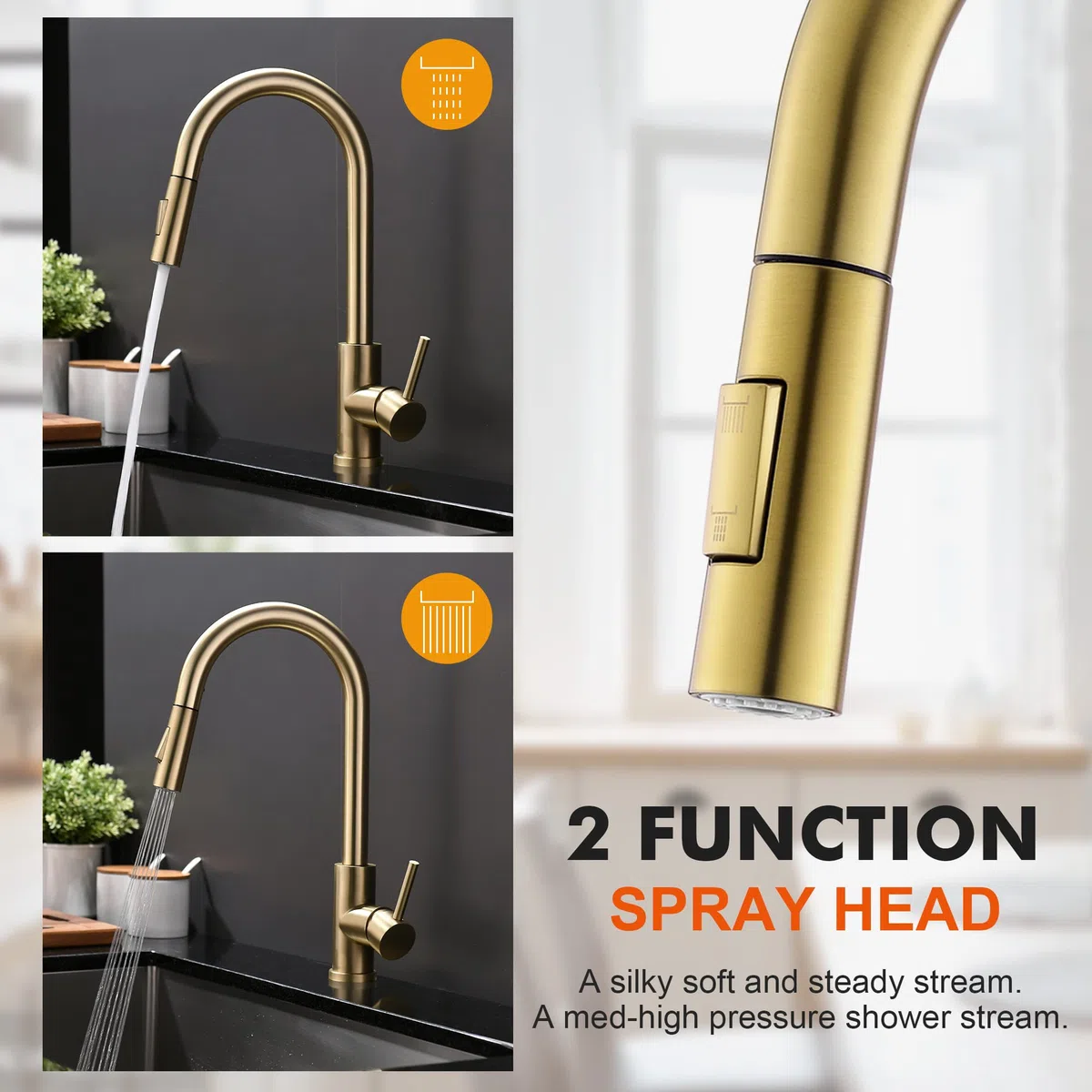 Tohlar Niederdruck Armatur Küche Gold, Niederdruck Wasserhahn Küche mit Ausziehbare Brause, Mischbatterien für Küche Moderner Edelstahl Spültischarmatur