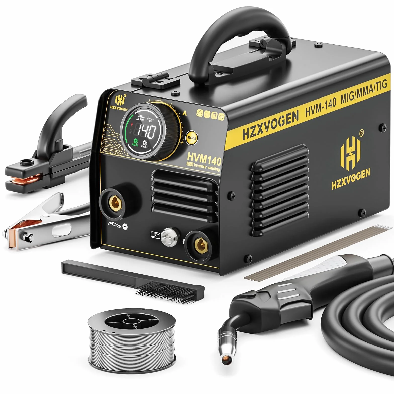 H HZXVOGEN 140A MIG-Schweißgerät, 230V Fülldraht-MIG/Lift-TIG/Elektroden-Schweißgerät 3 in 1 mit Synergic, IGBT Inverter Tragbares gasloses MIG-Schweißgerät MIG-Schweißgerät für Anfänger (HVM140)