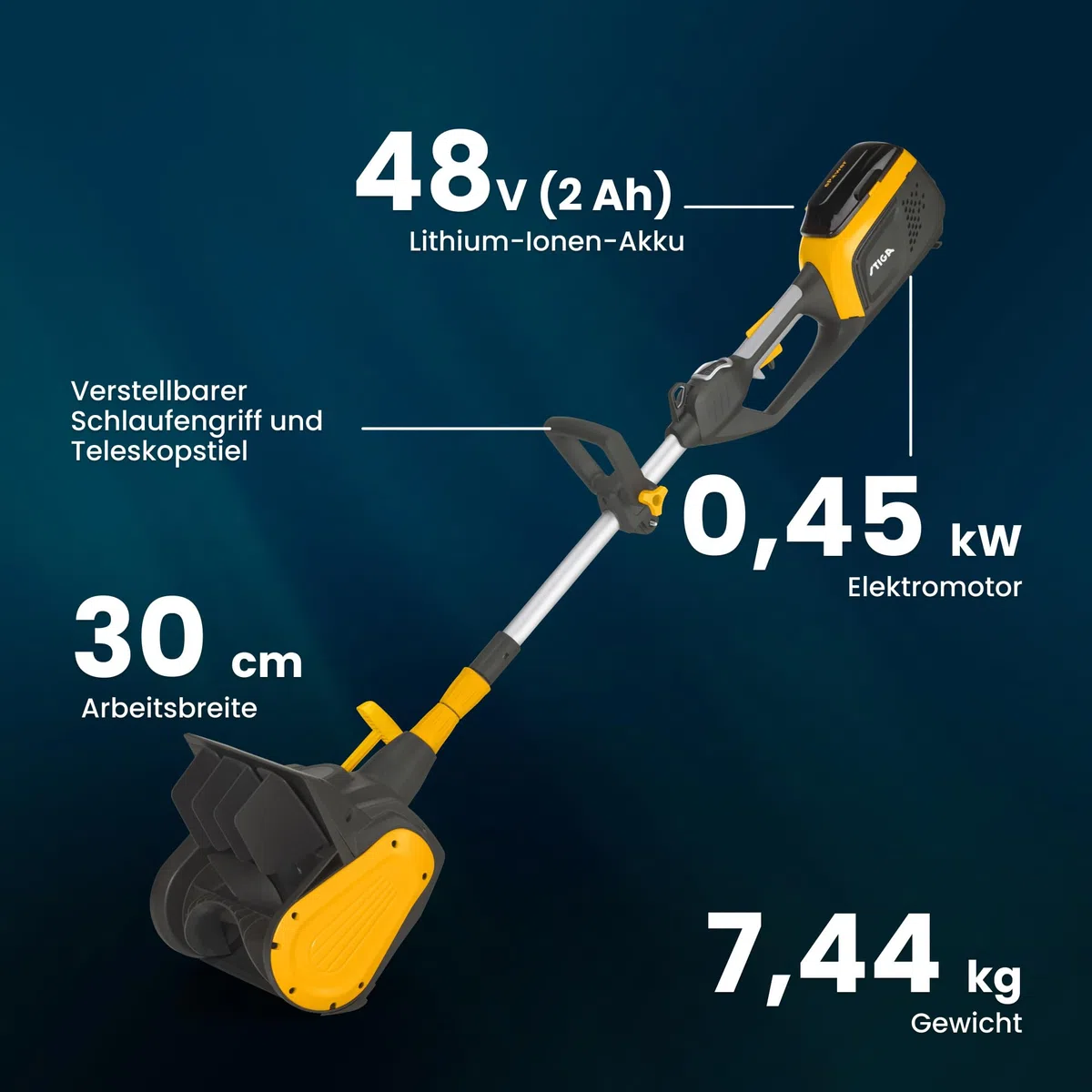 STIGA ST 300e Kit Schneefräse (450W), Betrieb bis -20°, Inkl. 48V (2Ah) Akku & Ladegerät, Gelb