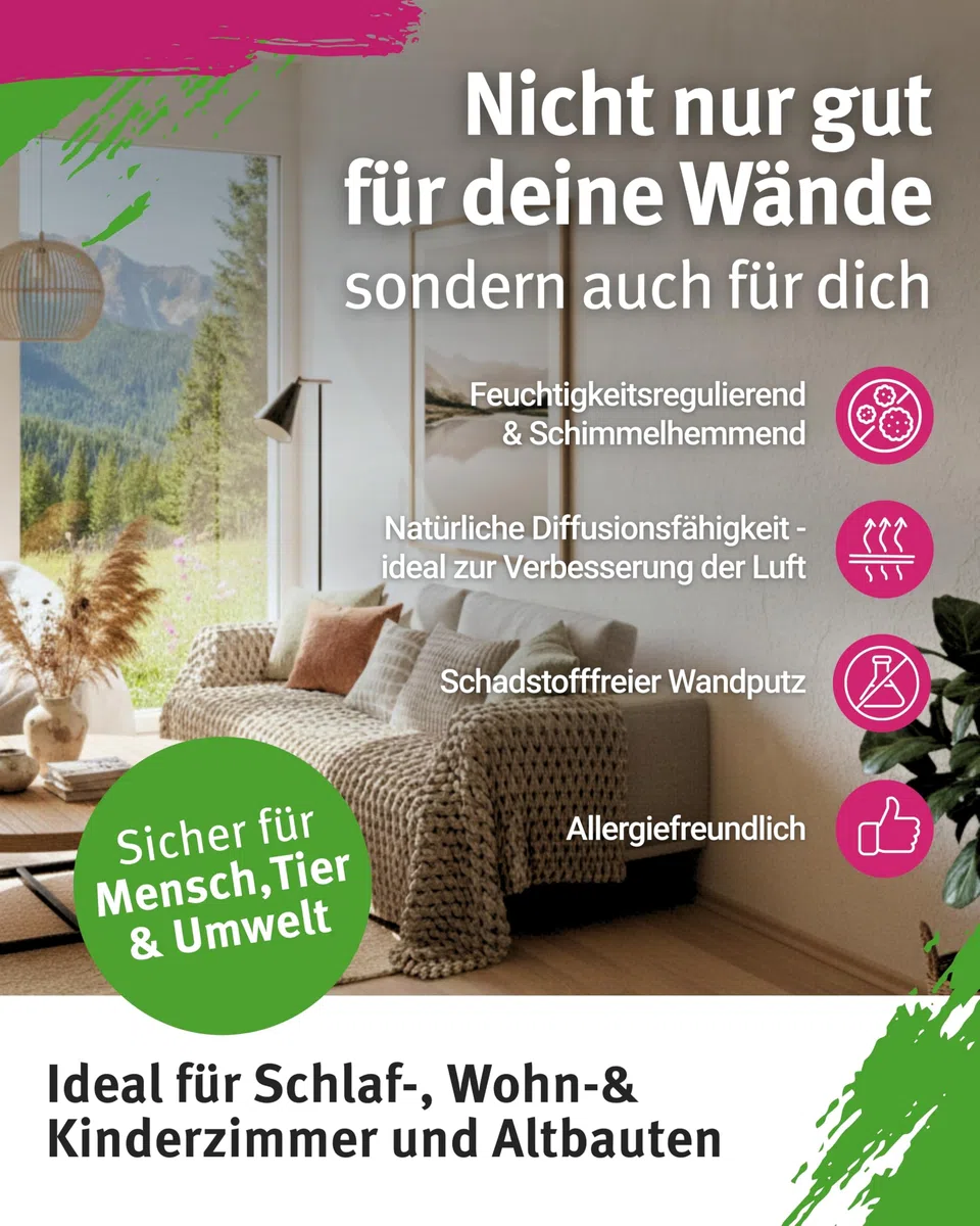 Feiner Rollputz für Innen I 24 kg für ca. 65 m² + Spezialrolle 18 cm I 0,5 mm Körnung I Verarbeitungsfertig & streifenfrei wie vom Profi I Atmungsaktiv, schimmelhemmend & lösungsmittelfrei