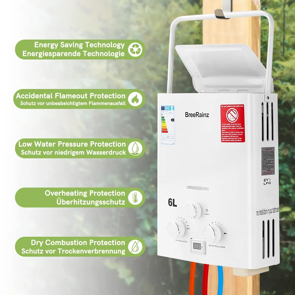 LPG Propan Butan Gas Durchlauferhitzer 6L 12KW, Gasdurchlauferhitzer mit Tragbarem Griff für Outdoor, Wohnmobil, Camping und Kabine, Weiß