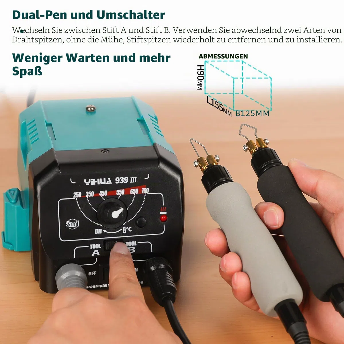 YIHUA 939-III Brandmalerei-Werkzeugset Holzbrennstation mit 2 Brandmalkolben-Stiften (Drahtspitzen-Typ) mit 20 Holzbrennspitzen 2 Brandmalerei-Holzstücken (EU PLUG)