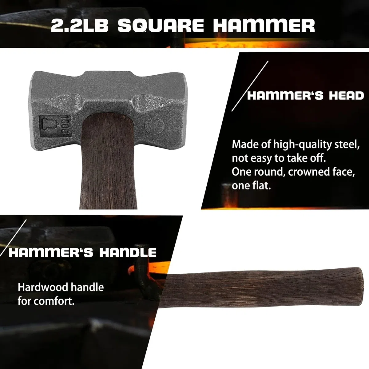 2,2 Lb (1000 g) quadratischer Schmiedehammer, perfekt für Hufschmied, Klingenschmieden, Schmiedewerkzeug