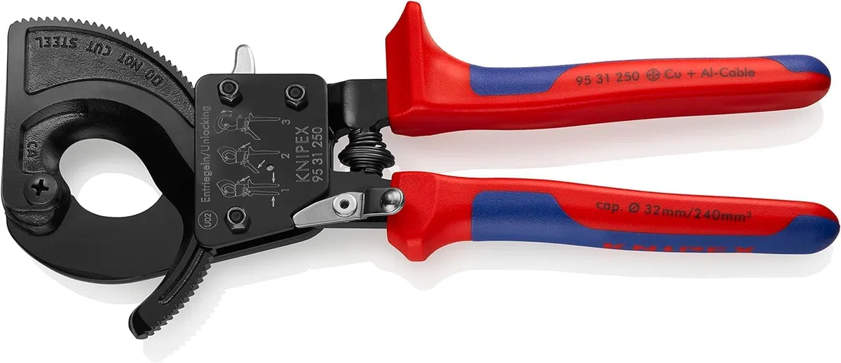 KNIPEX Kabelschneider (Ratschenprinzip) in Blister schwarz lackiert mit Mehrkomponenten-Hüllen 250 mm, 95 31 250