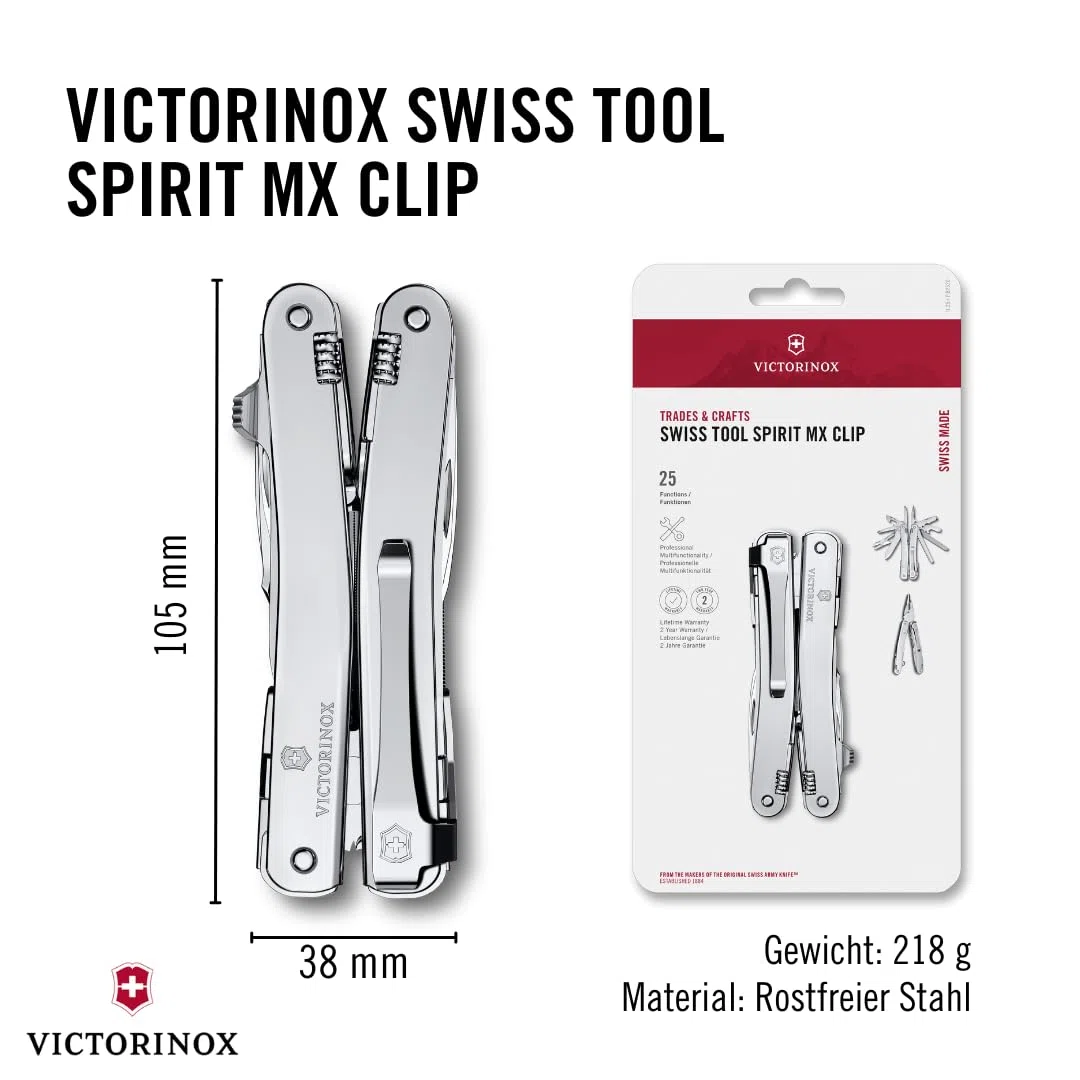 Victorinox Schweizer Taschenmesser Swiss Tool Spirit MX Clip, 24 Funktionen, Multitool Inkl. Zange, Schraubendreher, Dosenöffner, Silber