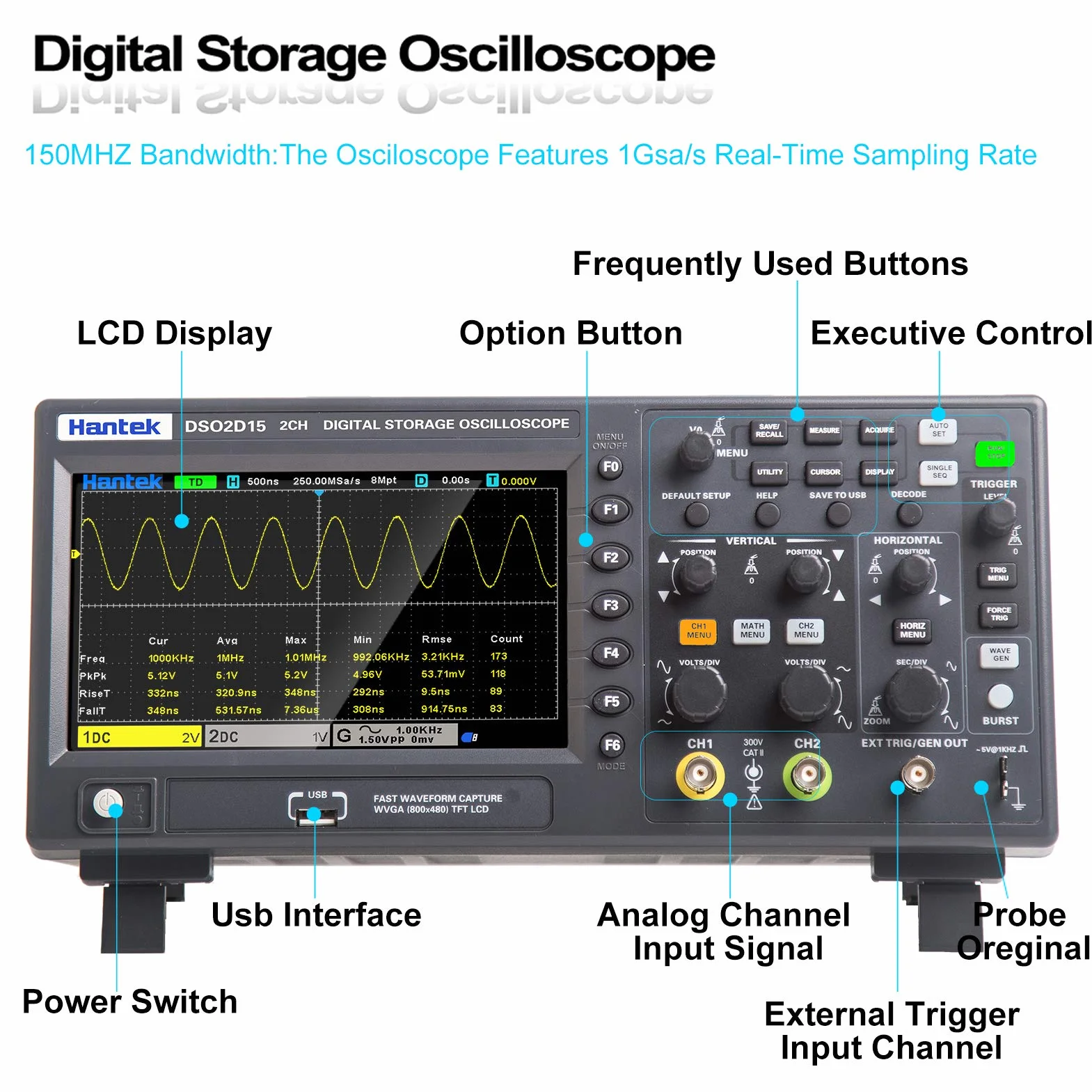 Hantek DSO2D15 Digital Oszilloskop 2CH 1GSa / S. Lager Oszilloskop 150 MHz Bandbreite Handheld