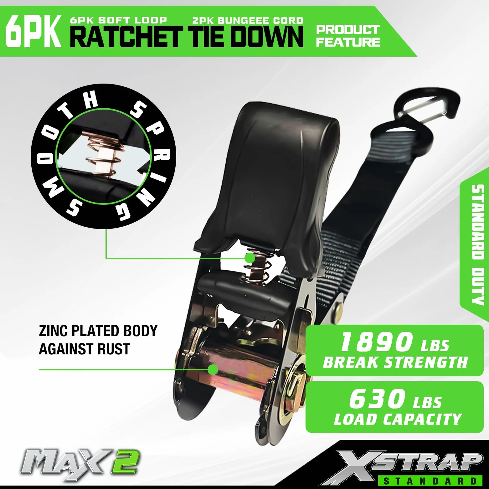 XSTRAP Standard Spanngurte mit Ratsche – 6 Stück, 2,5 cm x 4,8 m – 857 kg Bruchfestigkeit, Sicherheitsverriegelung, S-Haken, mit 6 weichen Schlaufen, 2 Bungee-Schnüre, logistische Cargogurte für