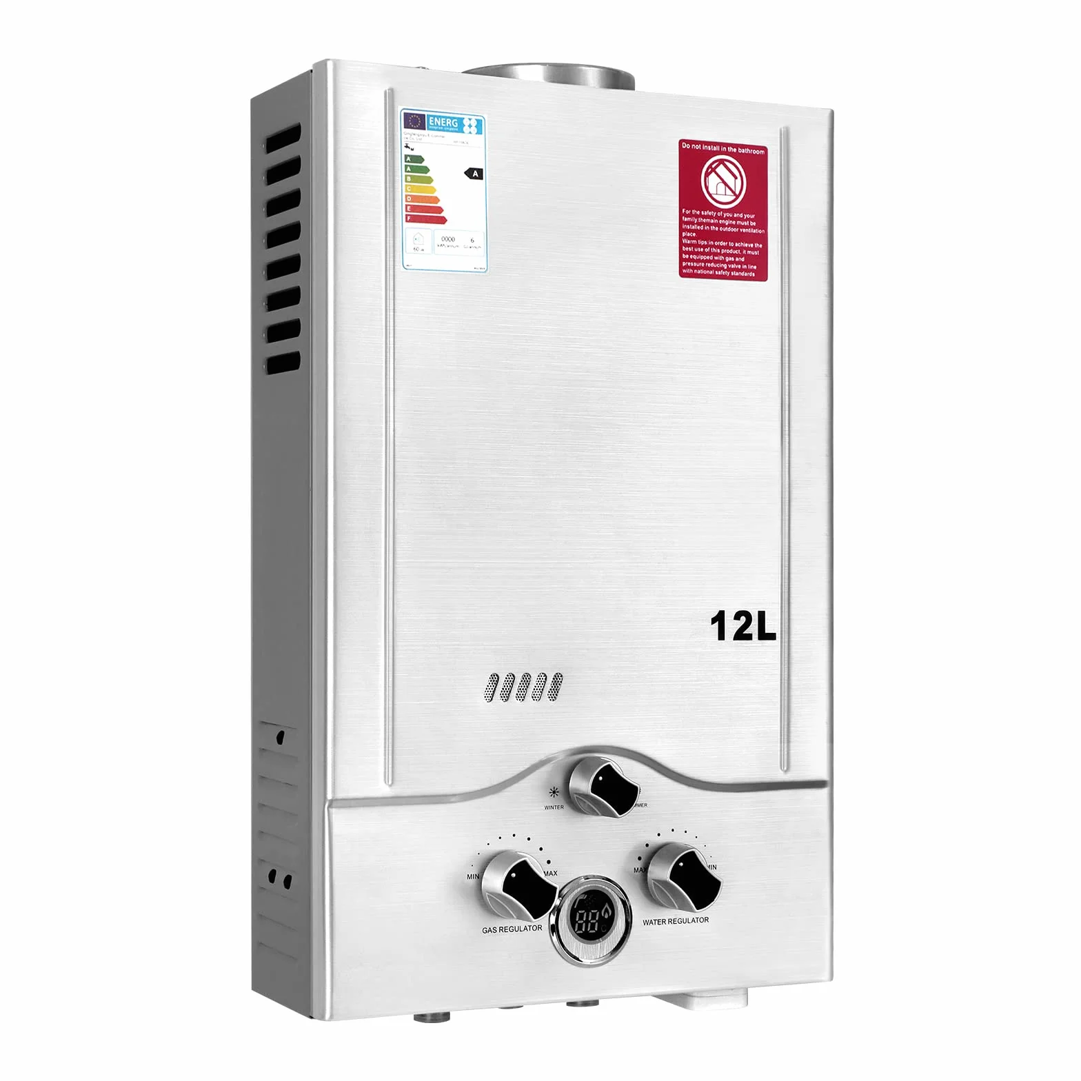 12LPM Gas Durchlauferhitzer, 24KW LPG Durchlauferhitzer mit Niedrigsten Verfügbaren Wasserdruck von 0,2 bar, Geeignet für Propan & Butan, für Zuhause, Wohnmobile, Kabinen, Scheunen
