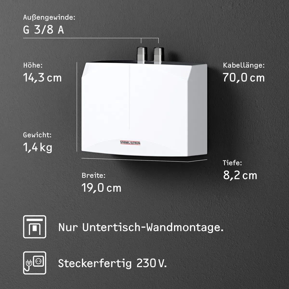 STIEBEL ELTRON hydraulischer Mini-Durchlauferhitzer DHM 3 nur fürs Handwaschbecken, 3,5 kW, mit Stecker, druckfest + drucklos, VDE geprüft, 220813