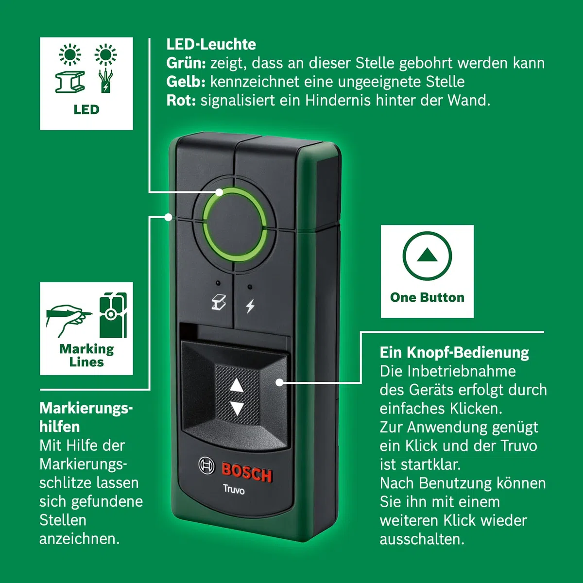 Bosch Ortungsgerät Truvo der 2. Generation (einfache Ein-Knopf-Bedienung, einfaches Orten von stromführenden Kabeln und Metallobjekten, Wandscanner bis 70mm, im E-Commerce Karton)