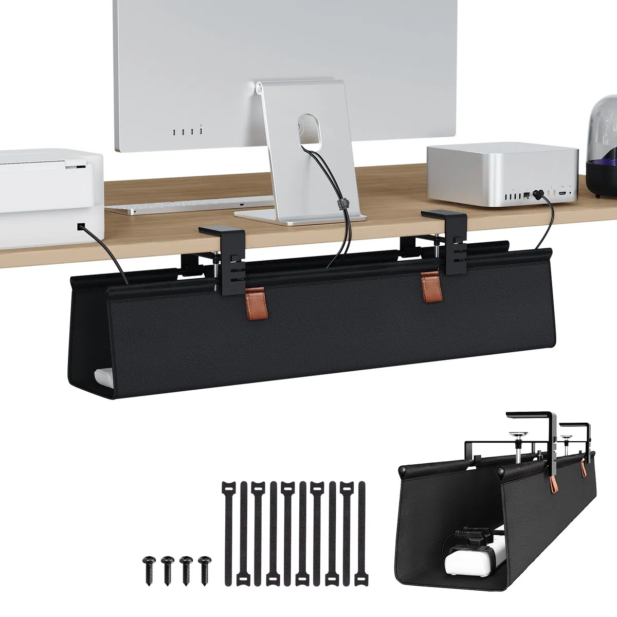 KEEGH Kabelkanal Schreibtisch Ohne Bohren, 76cm Unter dem Kabelmanagement Schreibtisch - Klemmen/Schraubmontage, Stoff-Kabelkanal für Gaming-PCs und Kabelverstecker für Büro & Zuhause, Schwarz