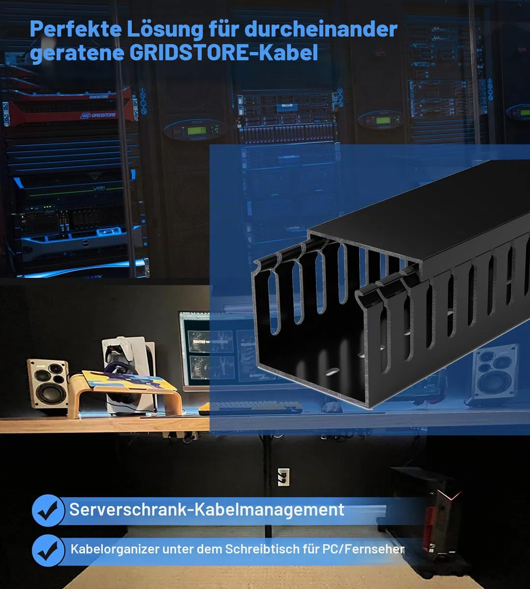 ZhiYo Kabelkanal schwarz 240cm - Serverrack-Set mit 4x60cm Verdrahtungskanal | Sicherer PVC-Kabelkanal H5xB6cm für Schreibtisch/Netzwerk - Offene Kabelrinne mit Stecksystem