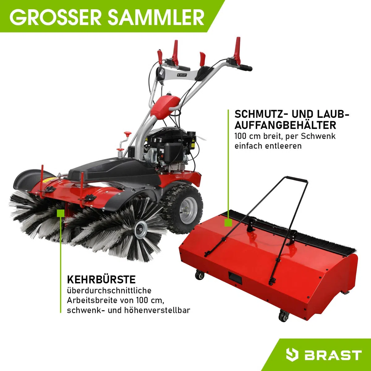 BRAST Kehrmaschine Benzin | Laubsammler Schneeschieber | XXL Premium | 4,8kW(6,5PS) - 5,14kW(7PS) | viele Modelle | 80-100cm Arbeitsbreite | Elektrostart | Schneeketten | 3in1 Gerät