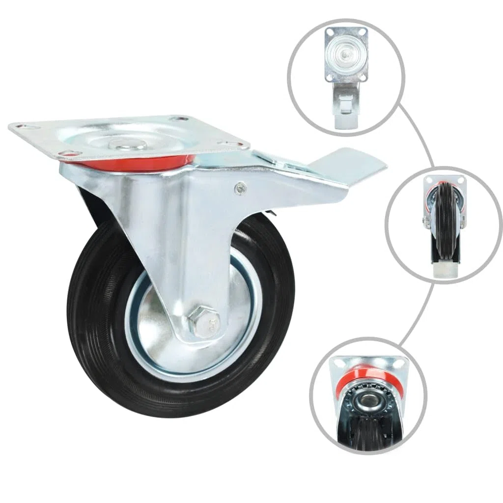 8 Stk. Lenkrollen 160 mm, 4 mit Bremse, geräuschlose Möbelrollen aus Gummi, stoß- und vibrationsbeständig, kratzschonend, zinkbeschichteter Eisenrahmen rostfrei, je 150 kg