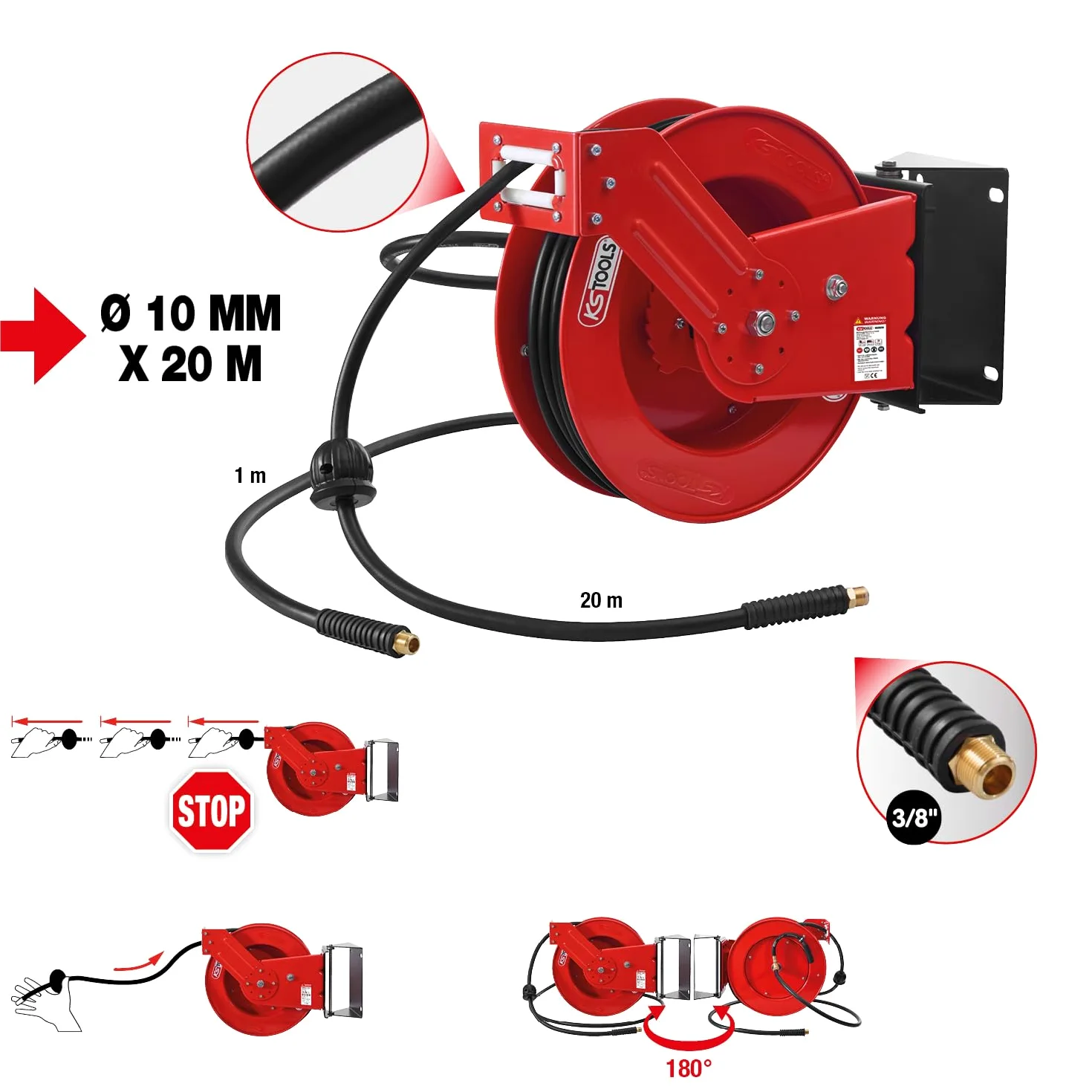 KS Tools 515.3425 Druckluft-Schlauchaufroller Ø10 mm, Anschluss 3/8", 20 m