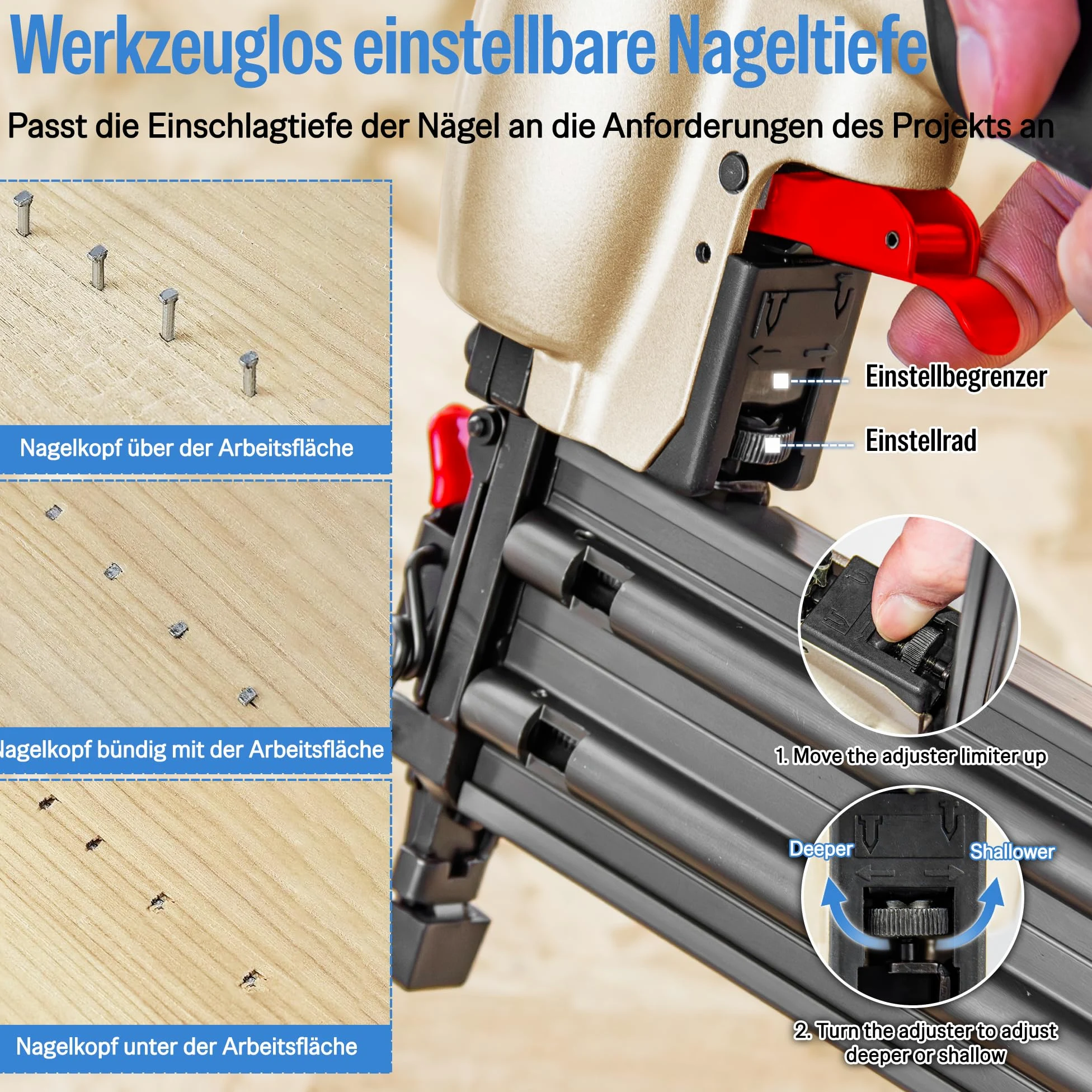 meite F50C Druckluftnagler mit Sicherheitsnase, Druckluft Nagelpistole für Stauchkopfnägel 18GA 15-50mm, Tiefeneinstellung max. 7 bar Stauchkopfnagler, Ideal für Zierleisten, Holzarbeiten