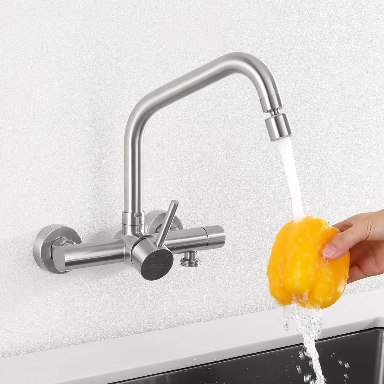 ONECE Küchenarmatur in Wand mit 3/4 Zoll Anschluss für Geschirrspüler/Waschmaschine, Wandarmatur mit 2 Strahlarten, Wasserhahn Küche Wandmontage Mischbatterie, Matt